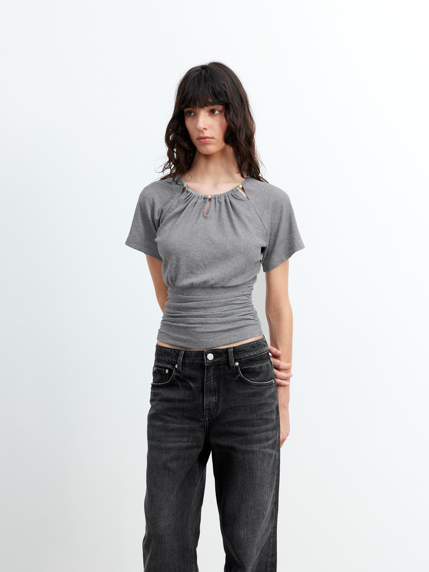 AFTADAWN Ladies V-Neck Beaded Waist Detail Modal Top