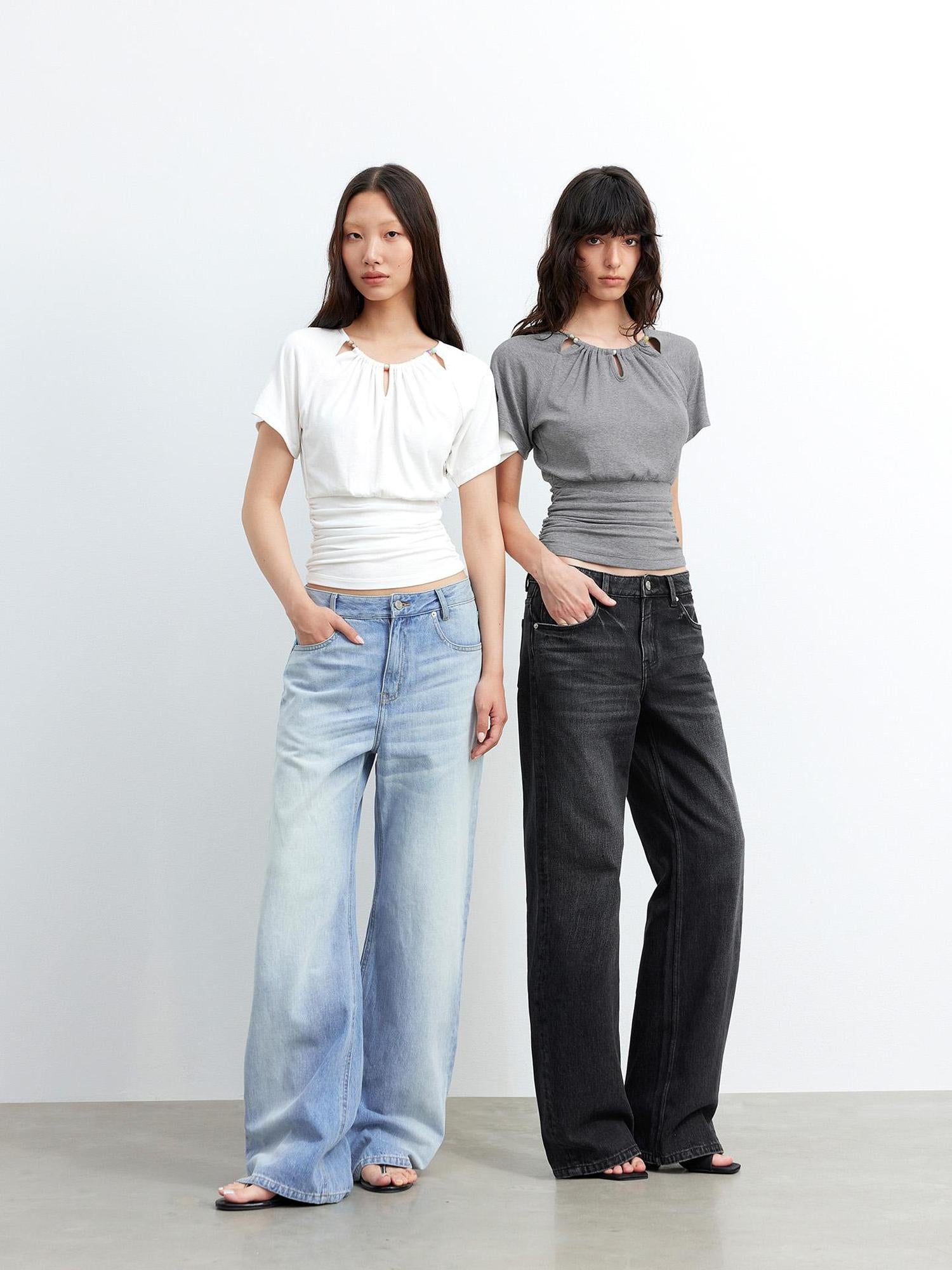 AFTADAWN Ladies V-Neck Beaded Waist Detail Modal Top