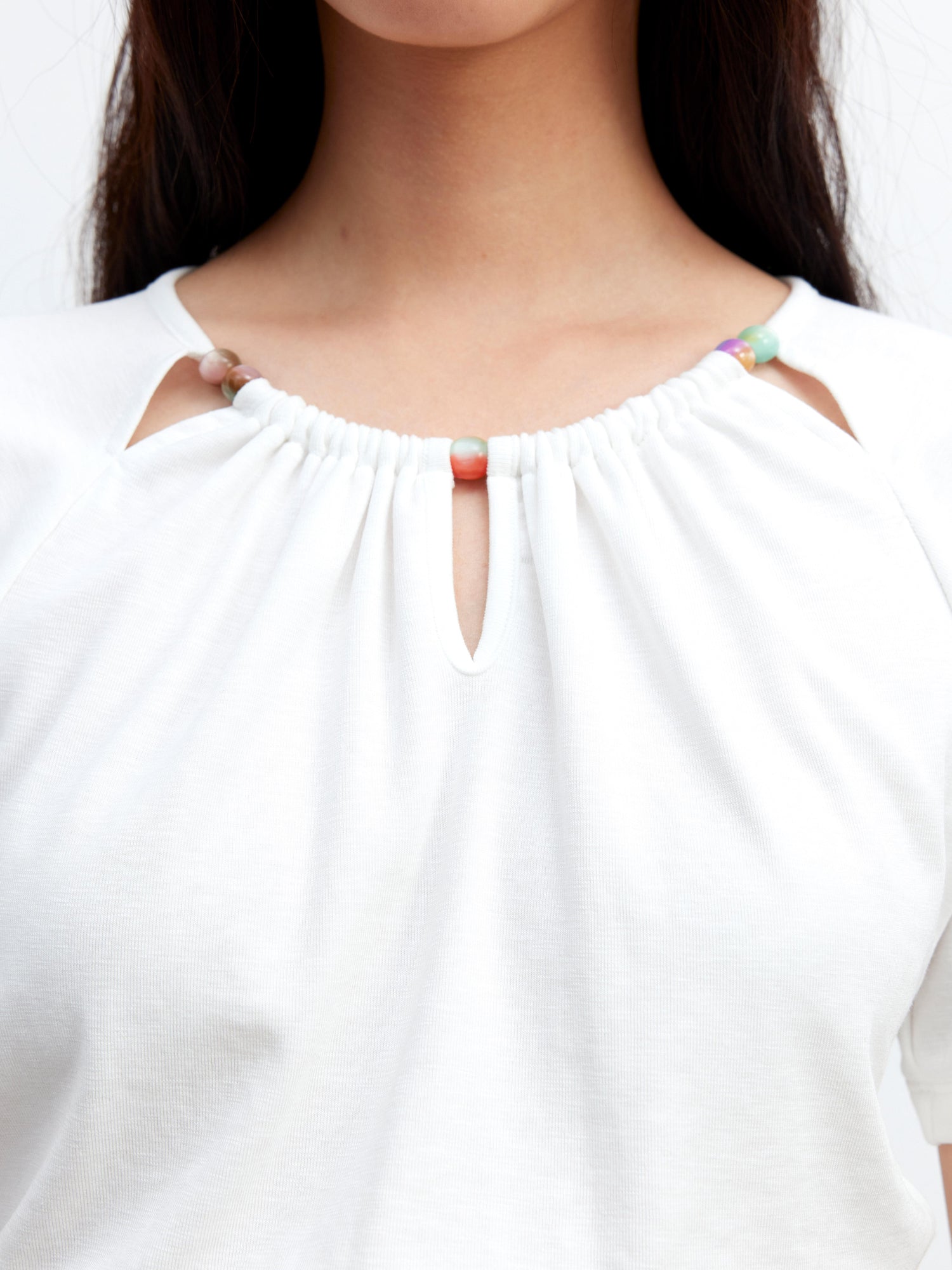 AFTADAWN Ladies V-Neck Beaded Waist Detail Modal Top