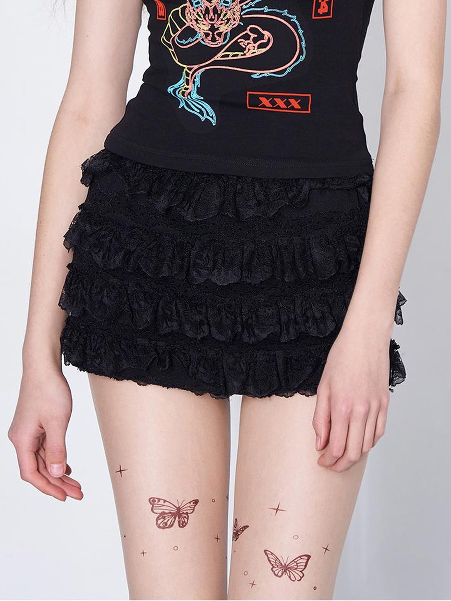 AFTADAWN Layered Lace A Line Mini Skirt Black White
