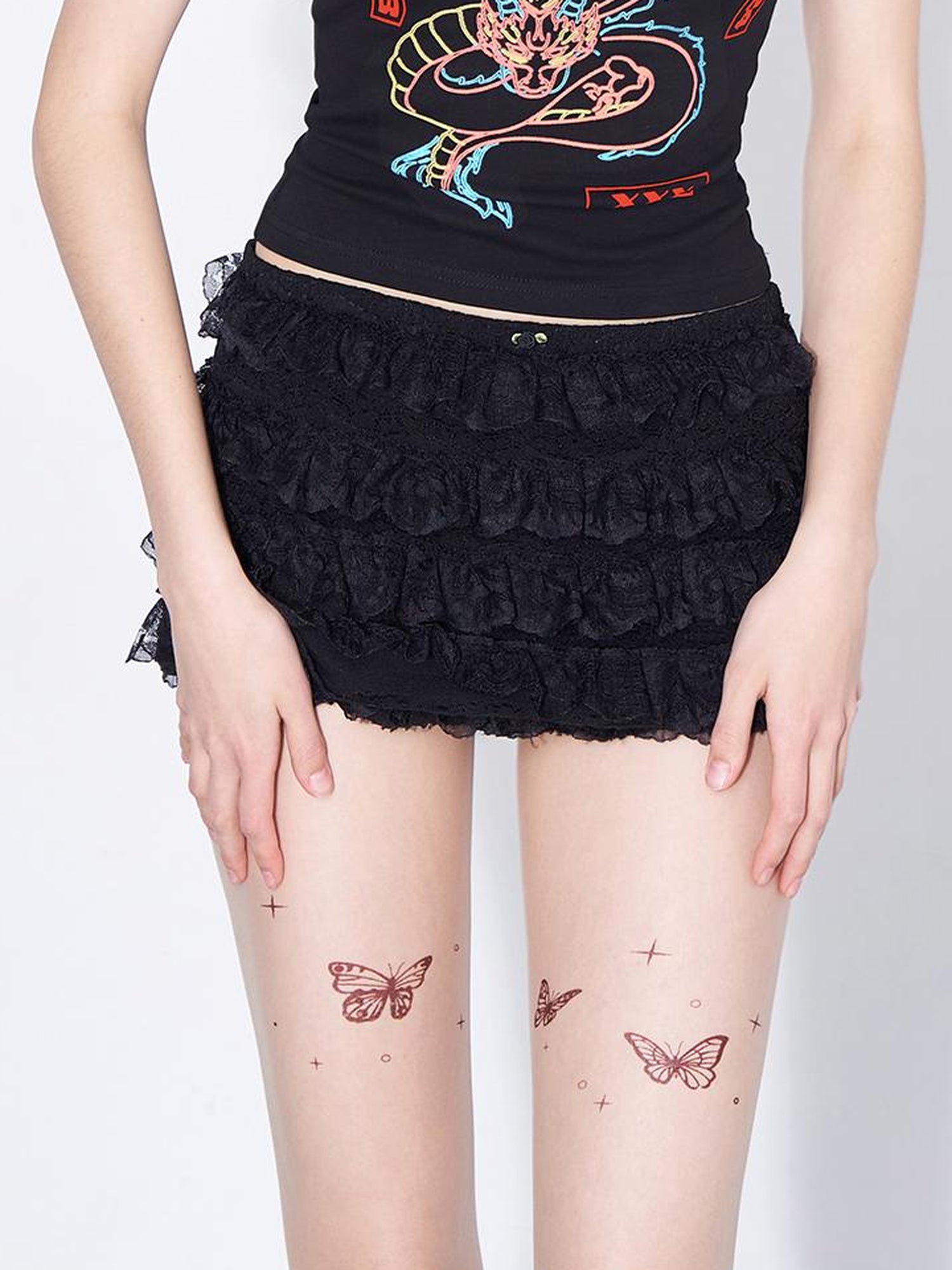 AFTADAWN Layered Lace A Line Mini Skirt Black White