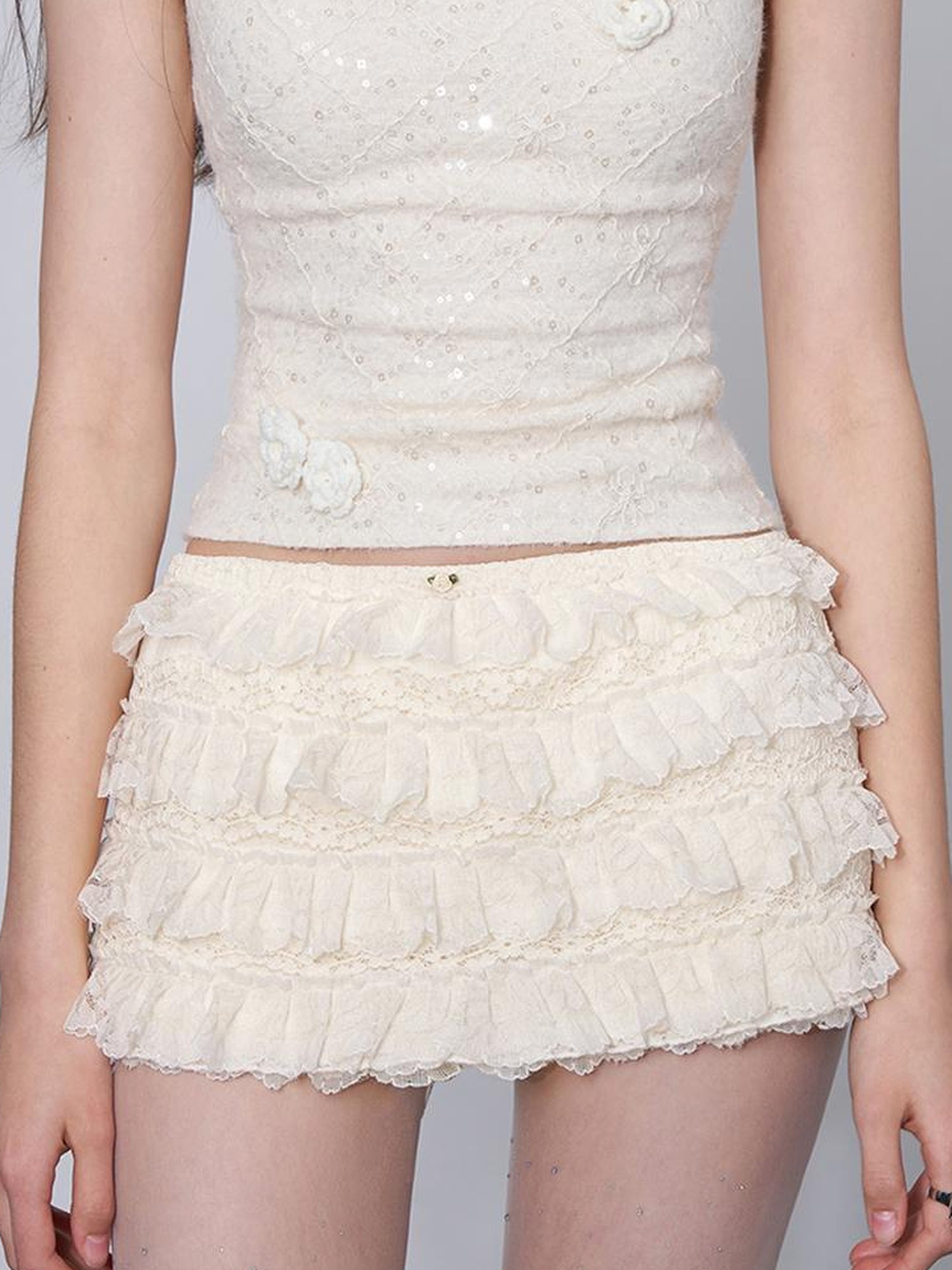 AFTADAWN Layered Lace A Line Mini Skirt Black White