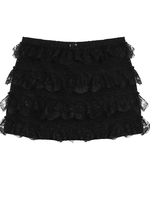 Layered Lace A Line Mini Skirt Black White