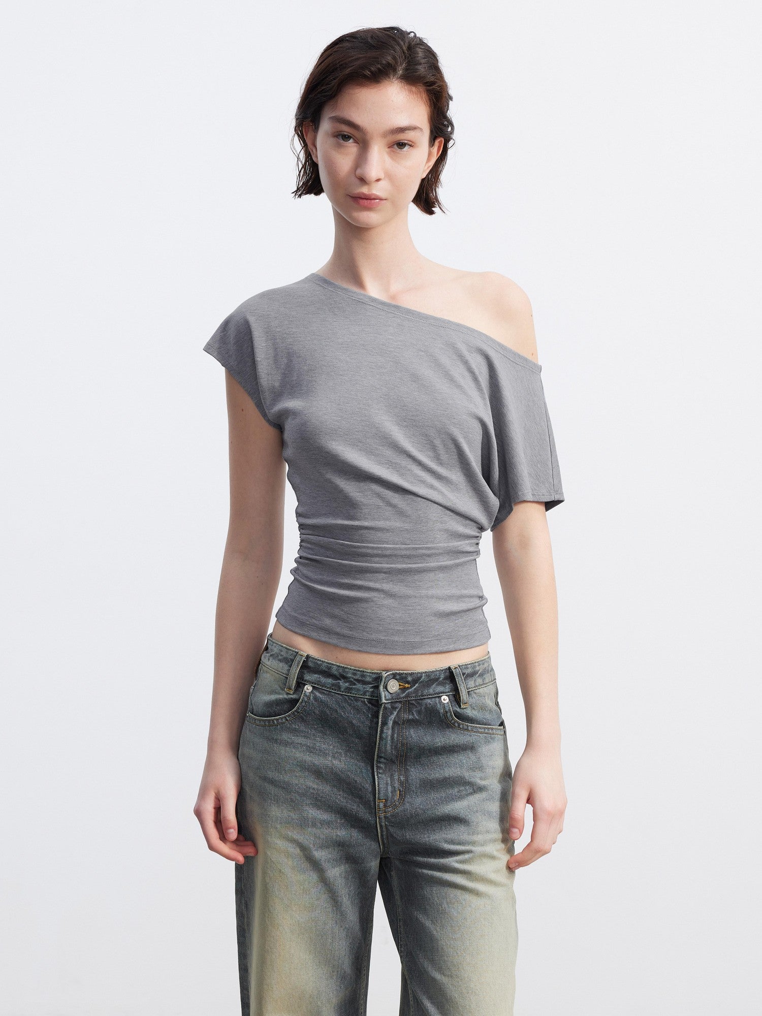 AFTADAWN Layered Ruched Asymmetrical Shoulder Women&