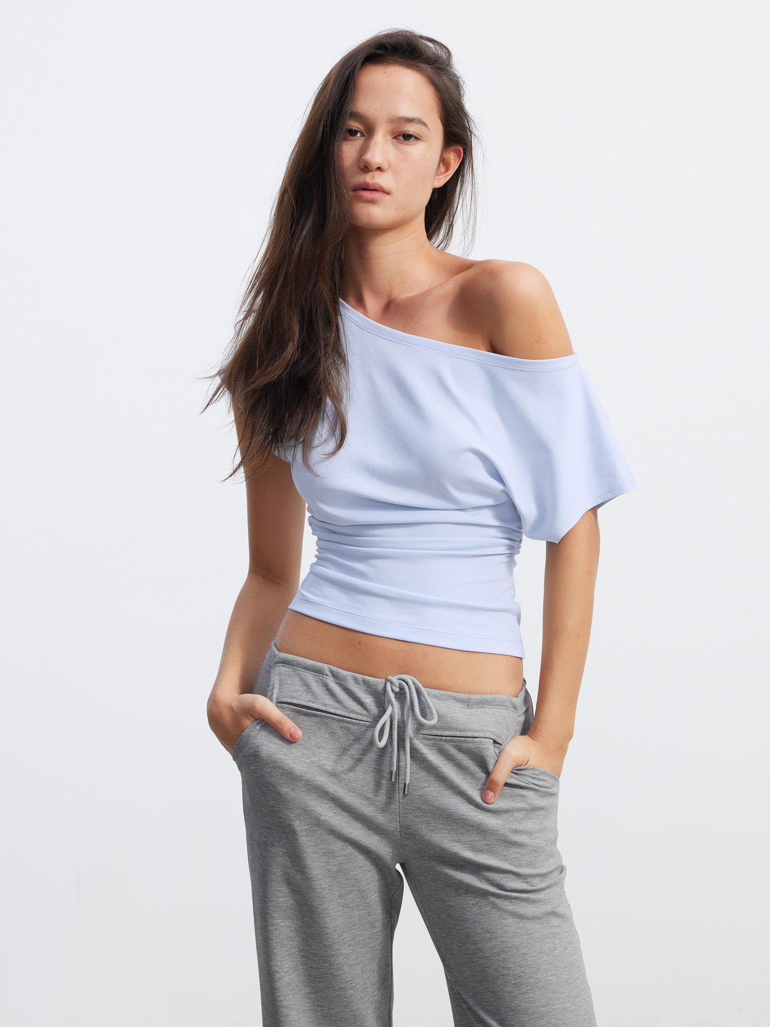AFTADAWN Layered Ruched Asymmetrical Shoulder Women&
