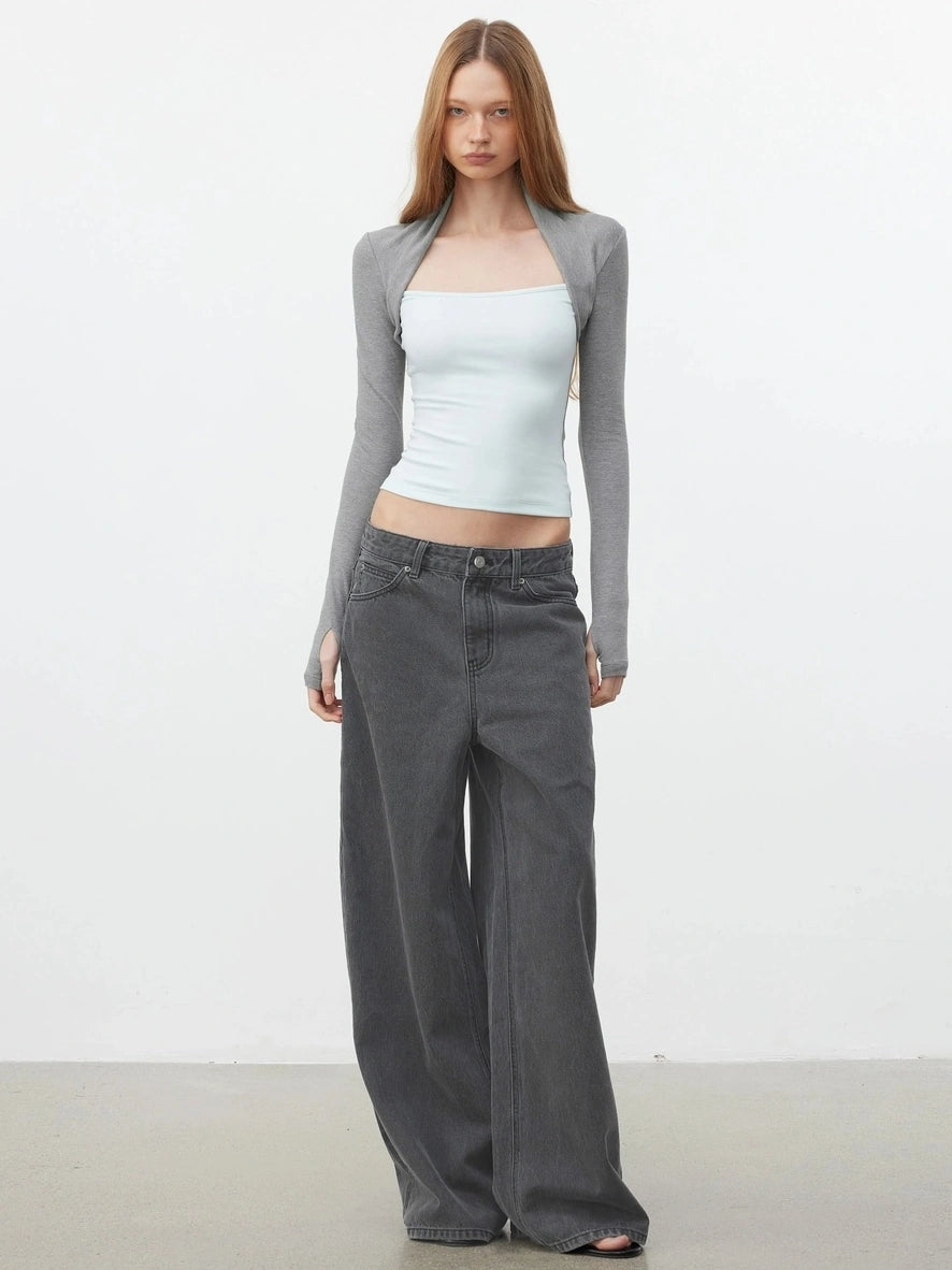 AFTADAWN Layered Sleeve Mock Two Tone Stretch Top T-shirt