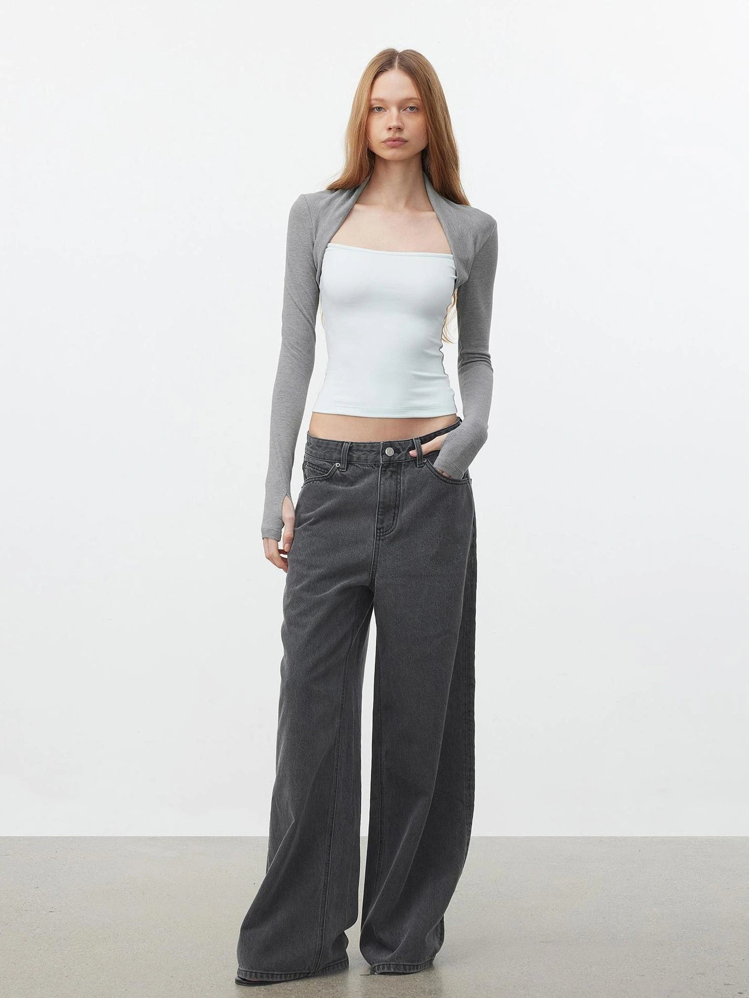 AFTADAWN Layered Sleeve Mock Two Tone Stretch Top T-shirt