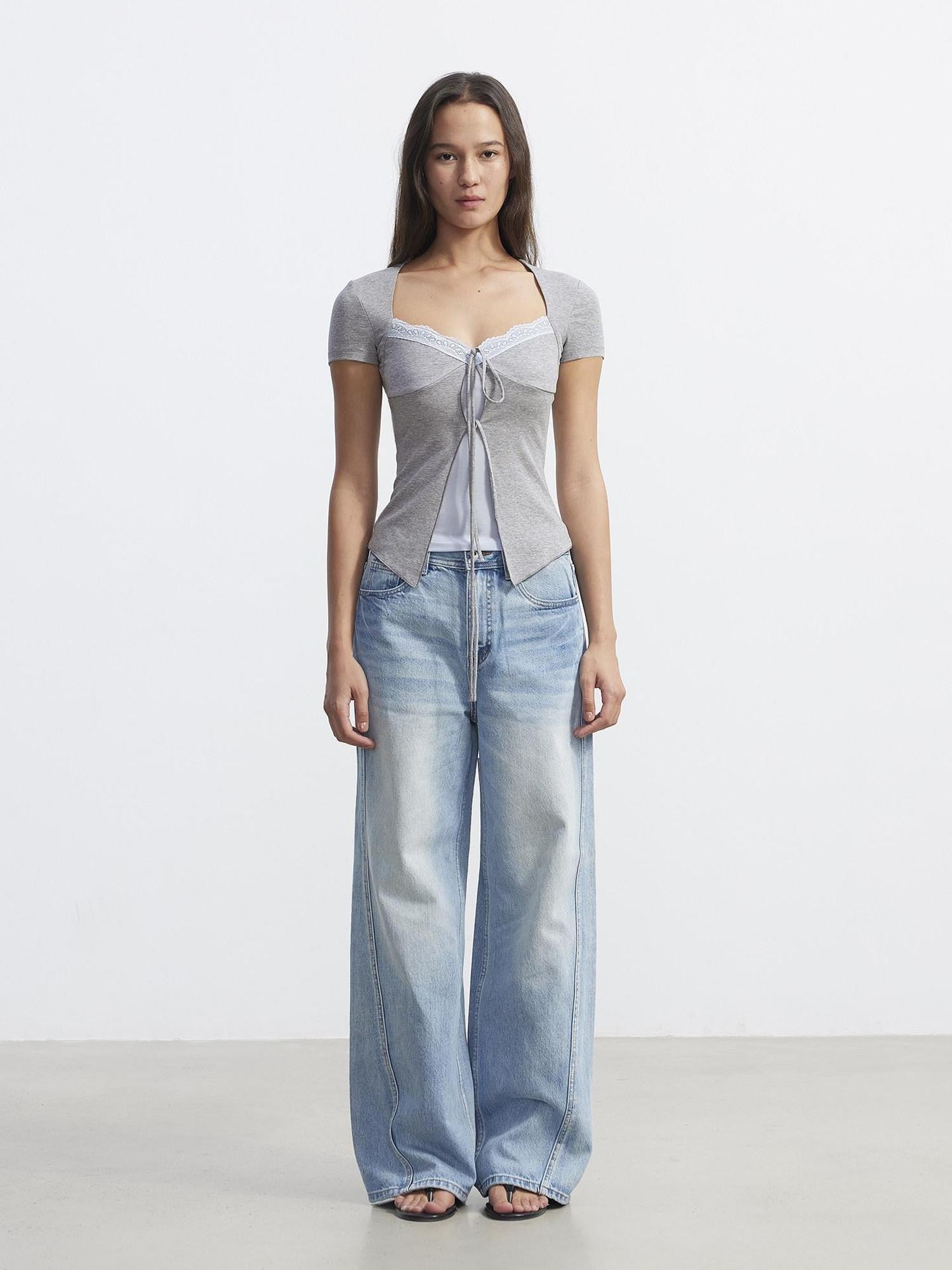 AFTADAWN Layered V-neck Lace Tie Front Colorblock Women&