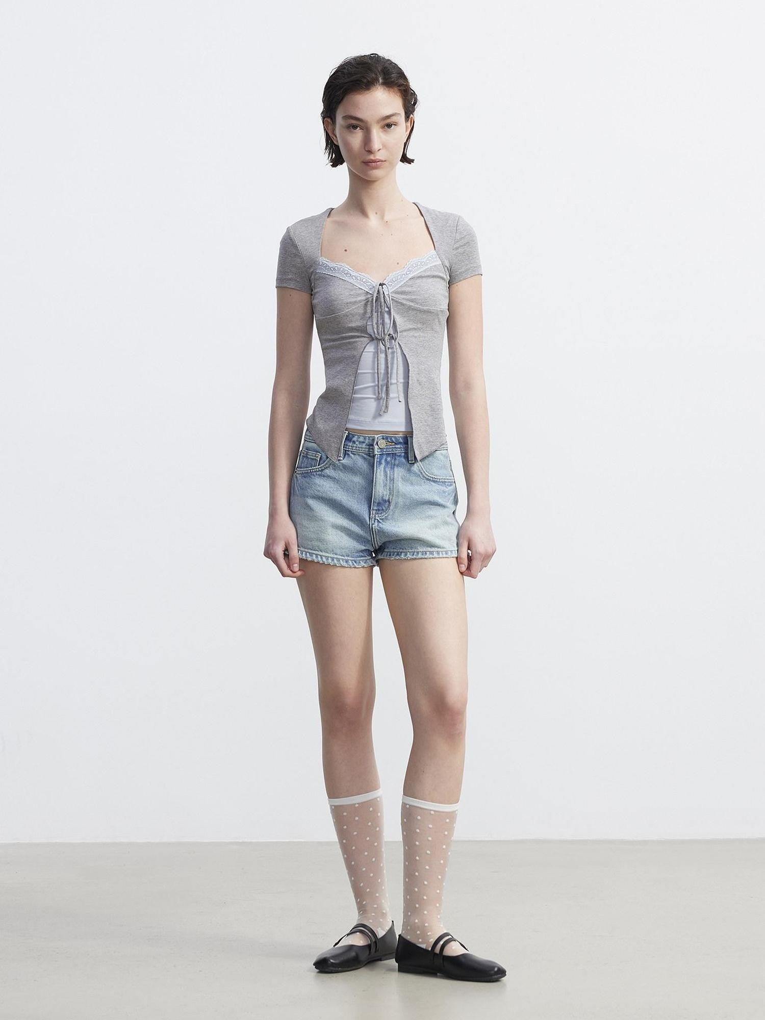 AFTADAWN Layered V-neck Lace Tie Front Colorblock Women&