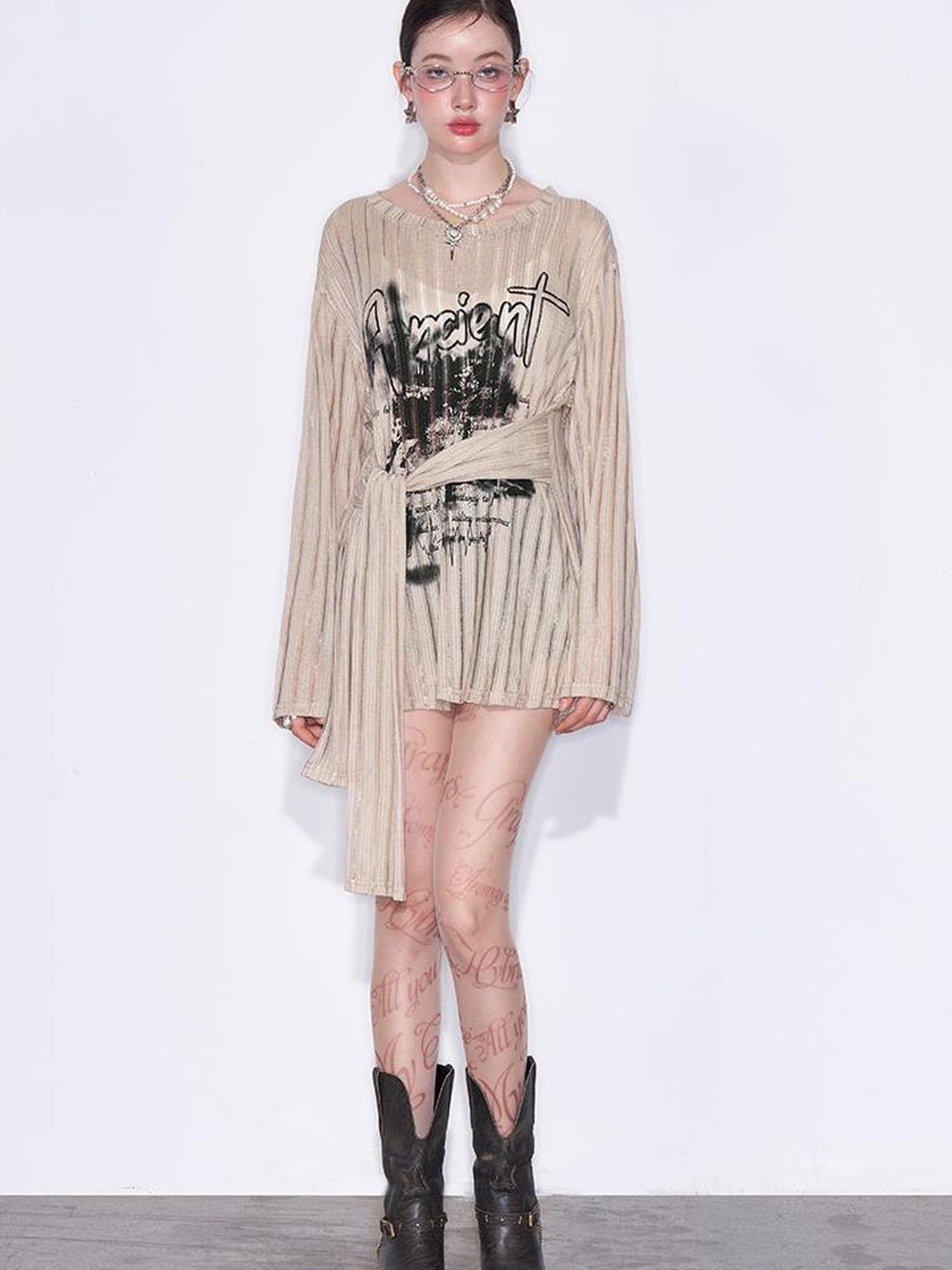 AFTADAWN Lazy Ribbed Knit Top With Drawstring