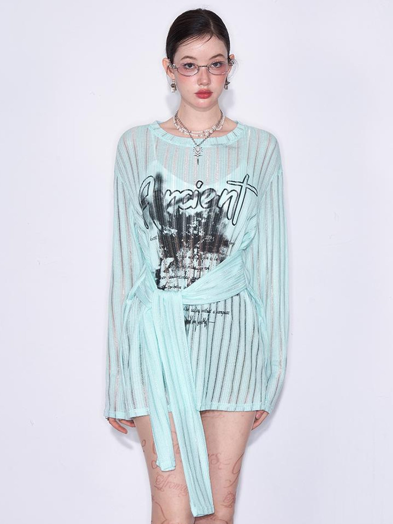 AFTADAWN Lazy Ribbed Knit Top With Drawstring