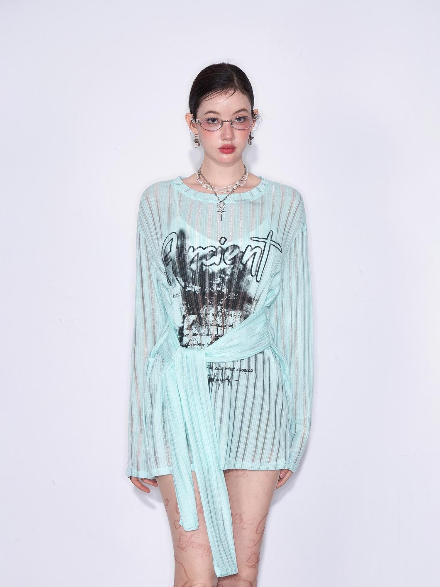 AFTADAWN Lazy Ribbed Knit Top With Drawstring