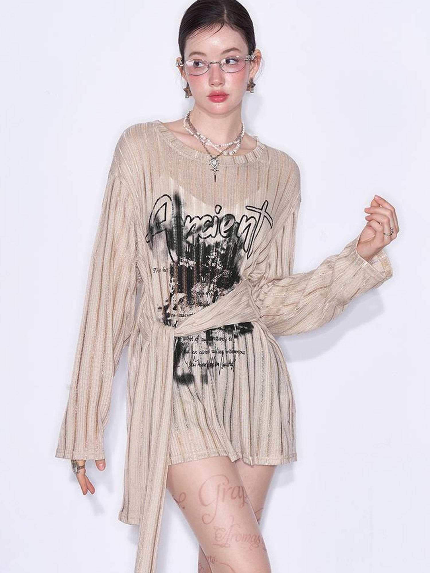 AFTADAWN Lazy Ribbed Knit Top With Drawstring