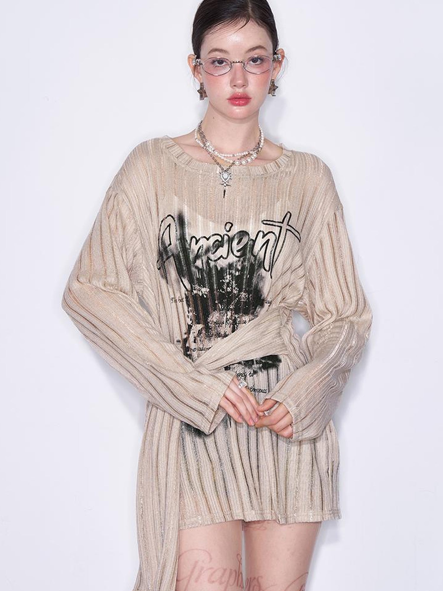 AFTADAWN Lazy Ribbed Knit Top With Drawstring