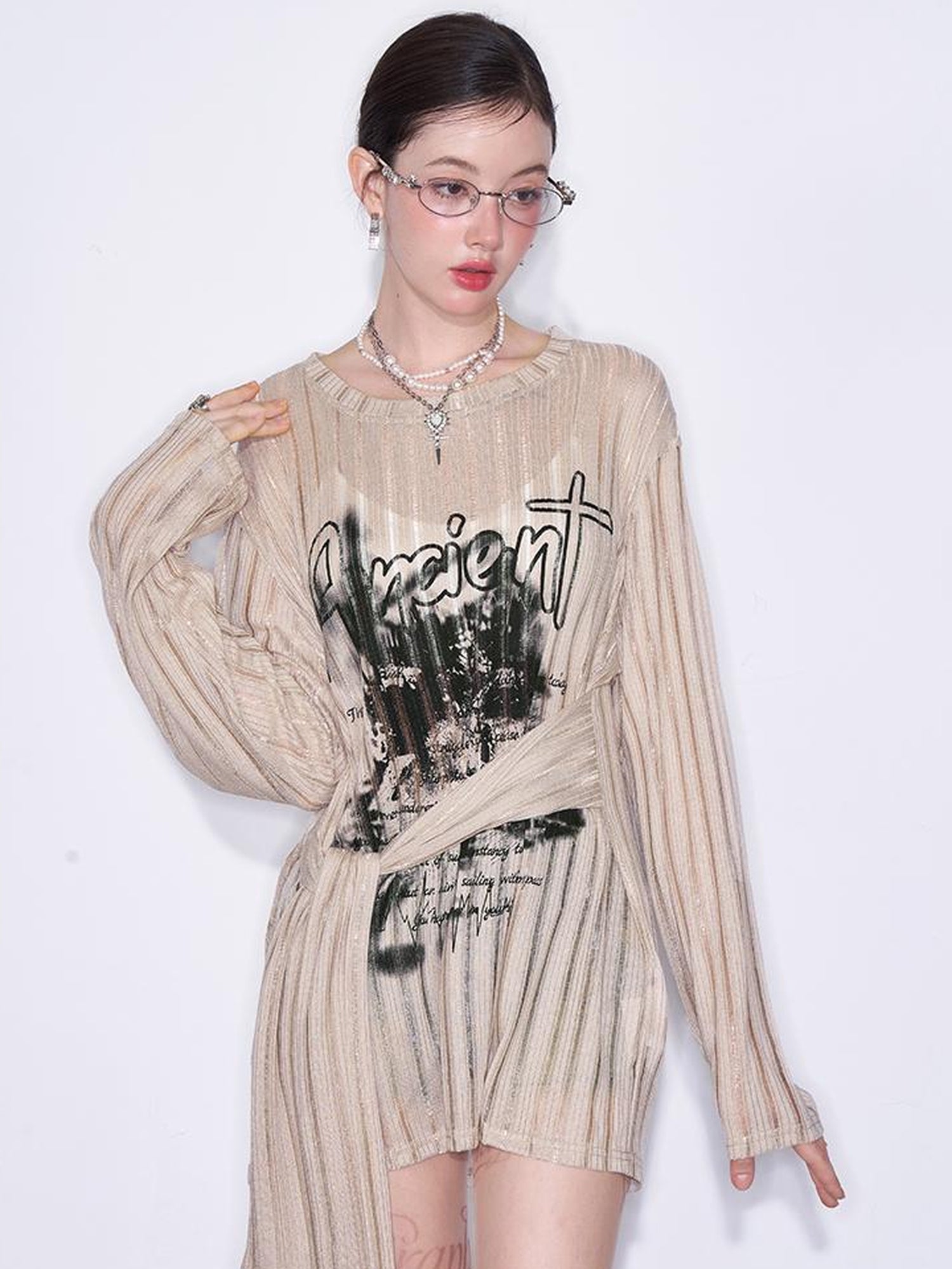 AFTADAWN Lazy Ribbed Knit Top With Drawstring