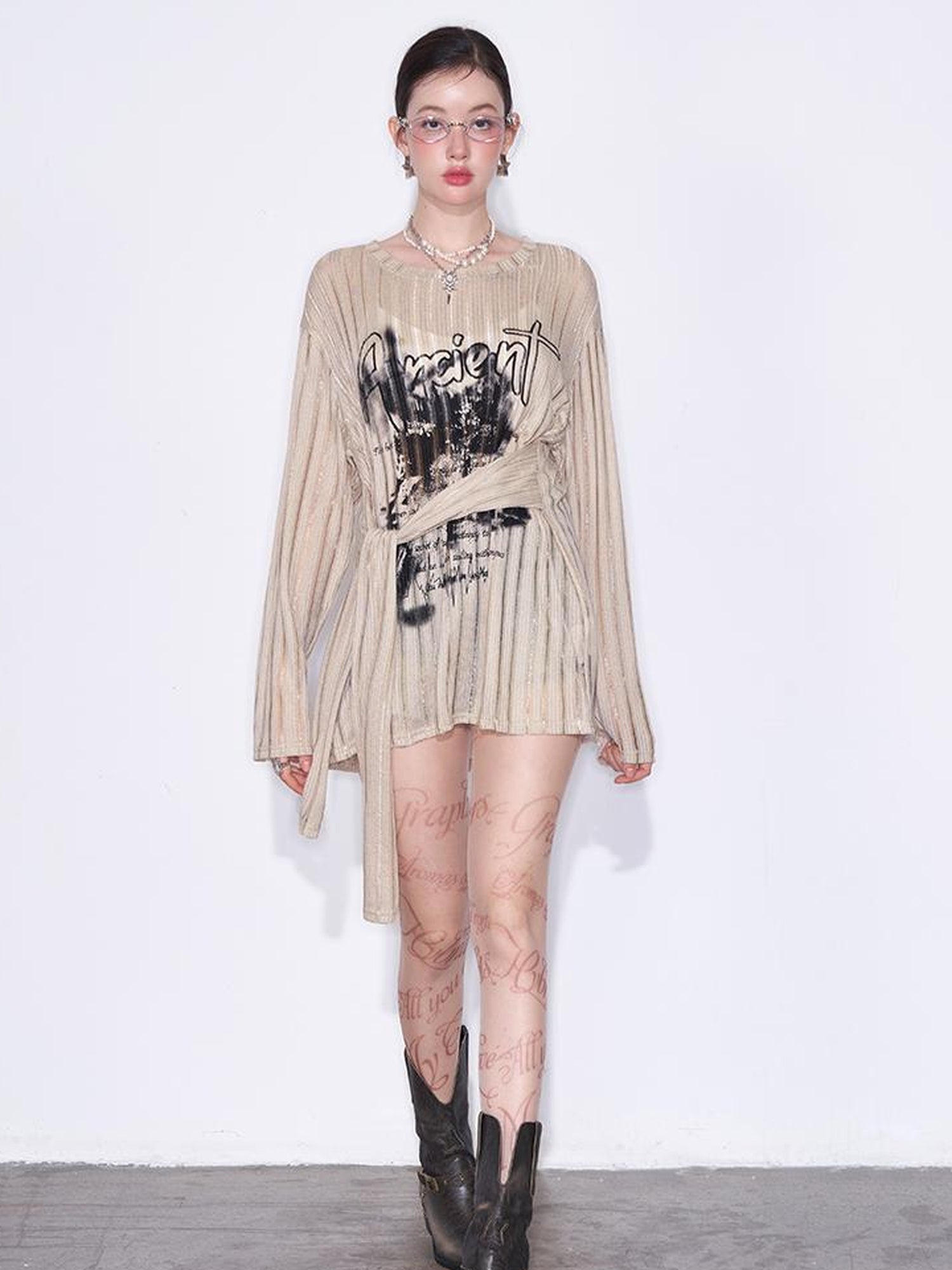 AFTADAWN Lazy Ribbed Knit Top With Drawstring