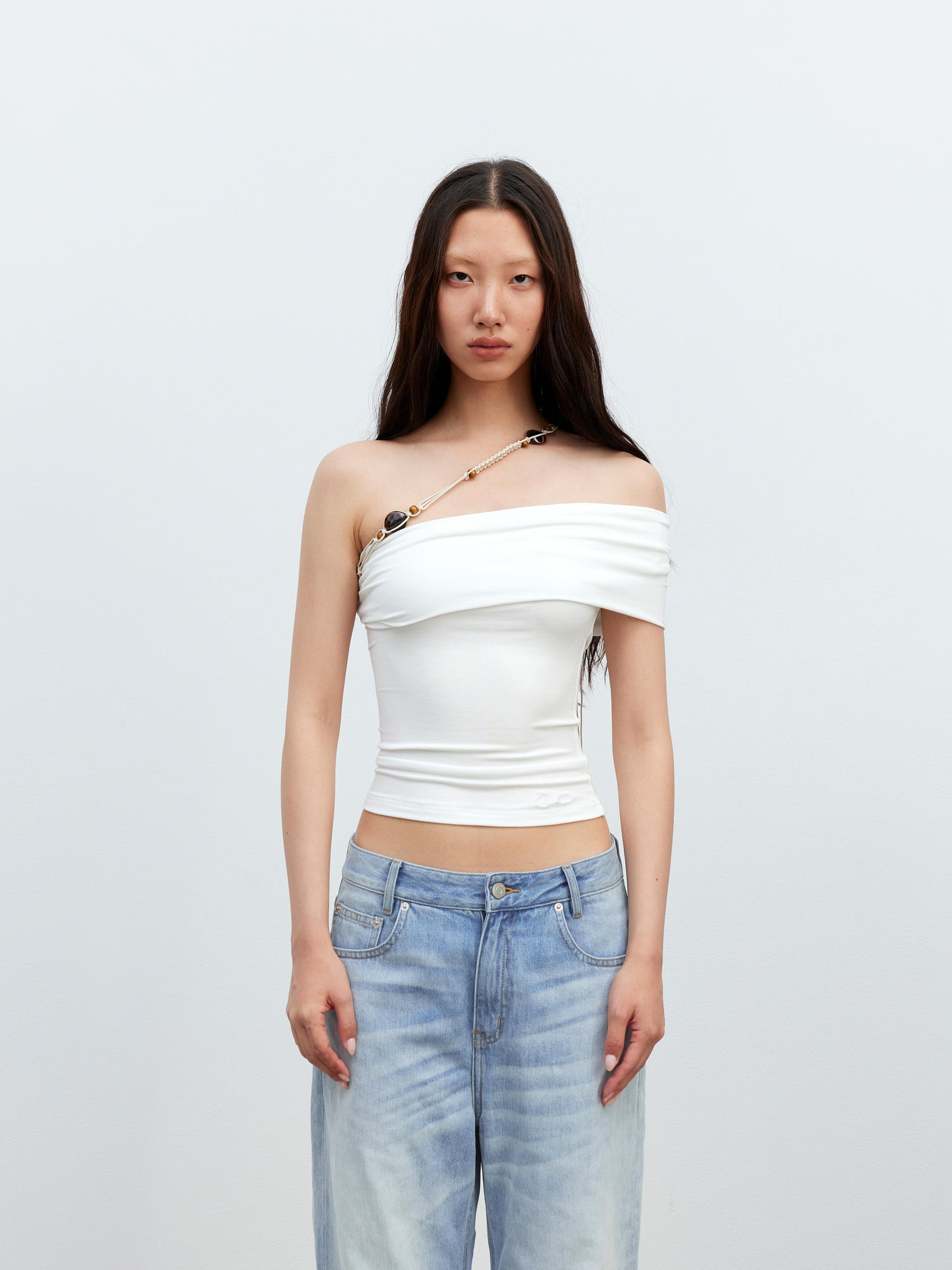 AFTADAWN Leisure Asymmetric Beaded Off Shoulder Top