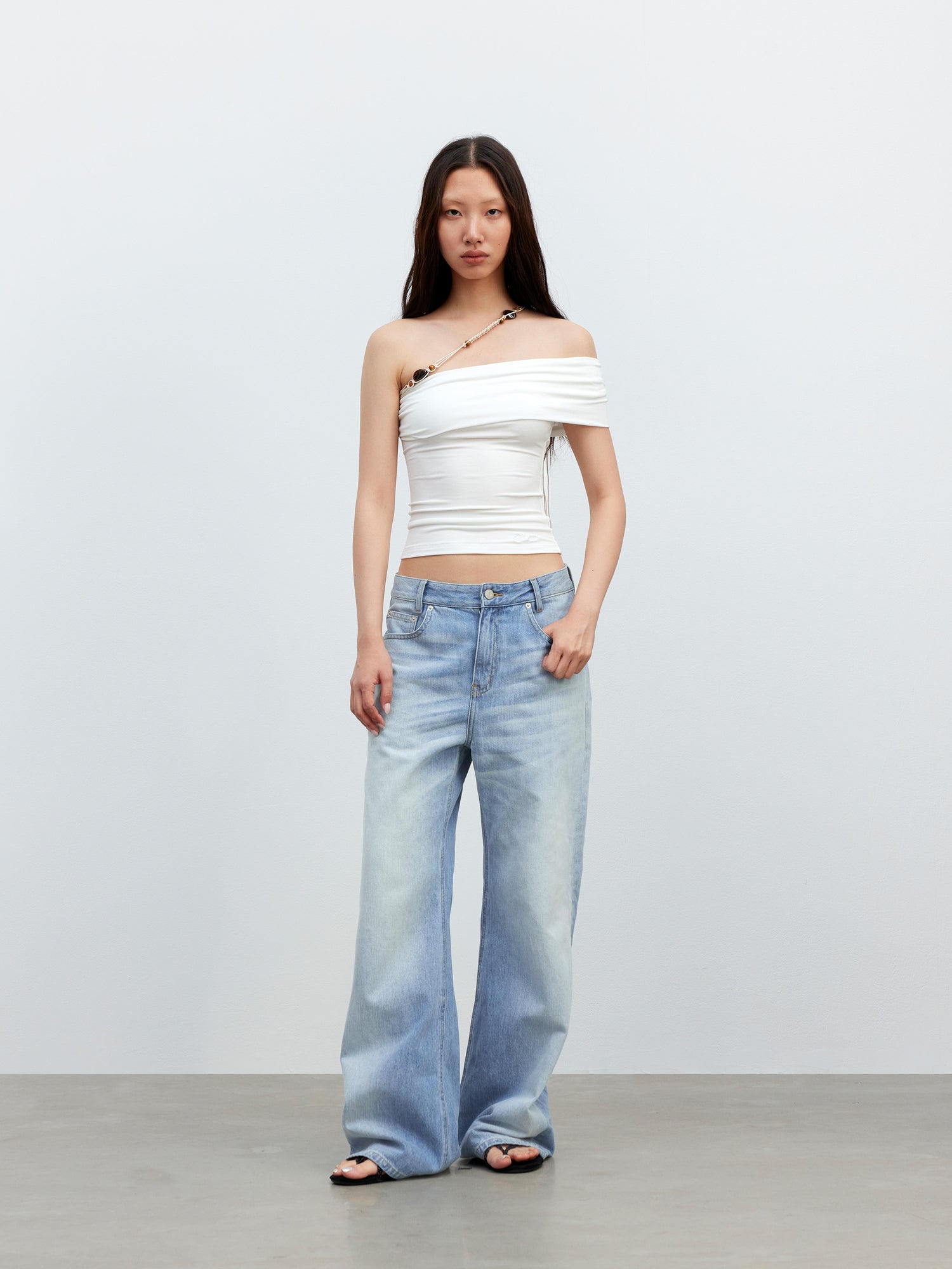 AFTADAWN Leisure Asymmetric Beaded Off Shoulder Top