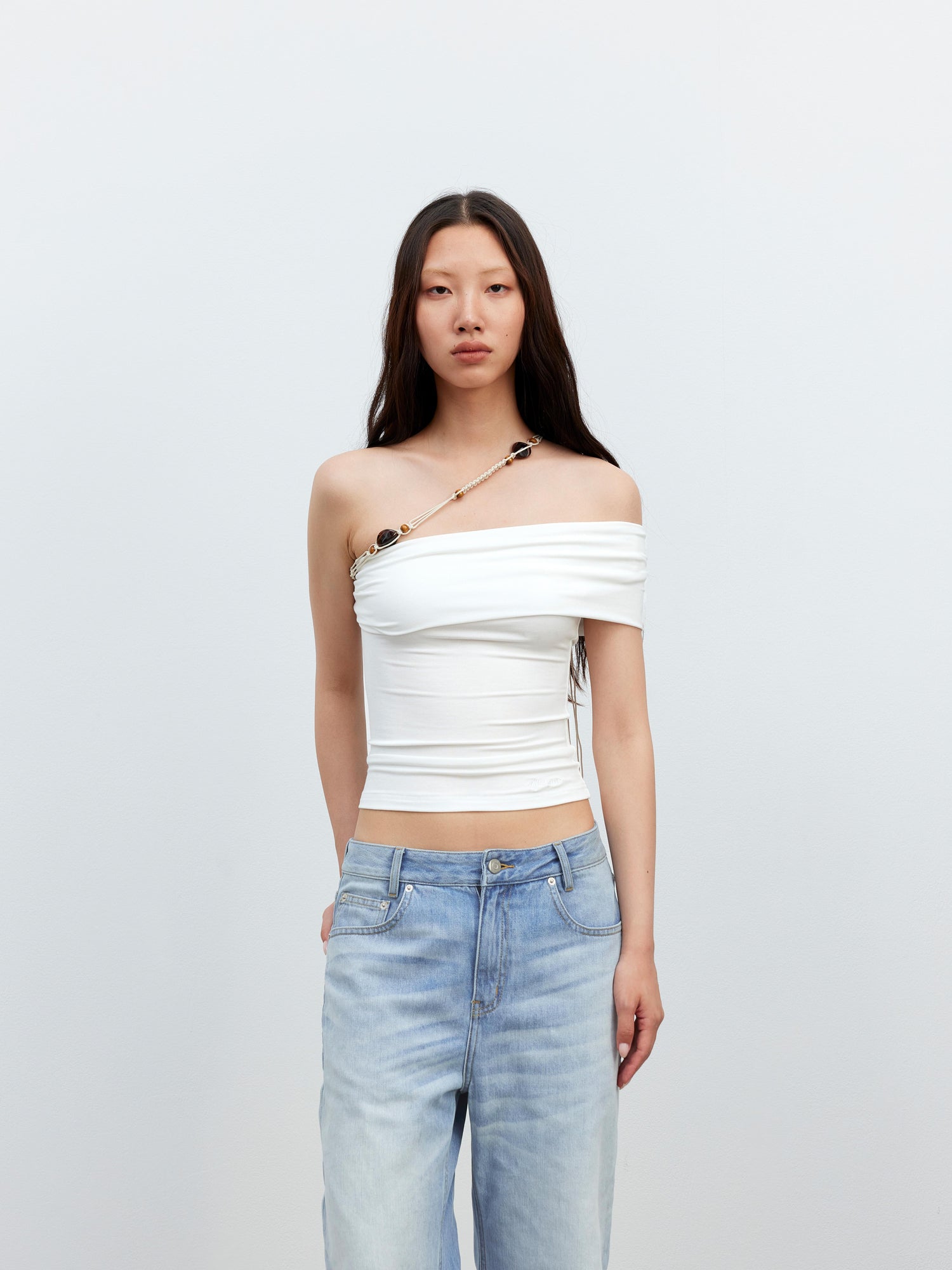 AFTADAWN Leisure Asymmetric Beaded Off Shoulder Top