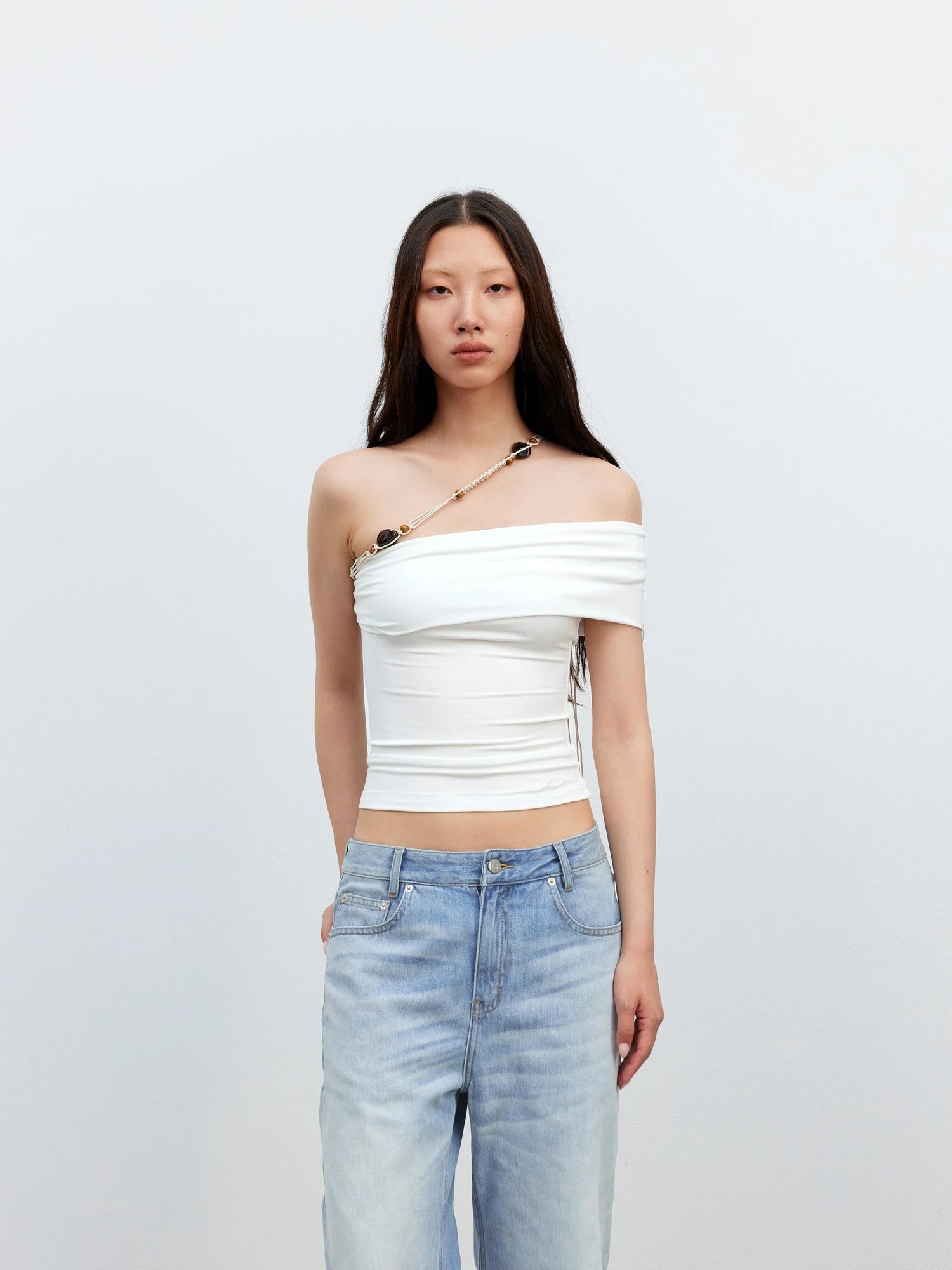 Leisure Asymmetric Beaded Off Shoulder Top