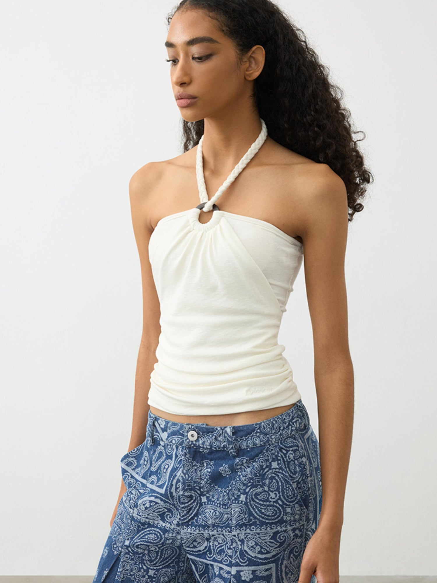 AFTADAWN Lenzing Modal Beaded Halter Top With Backless Design