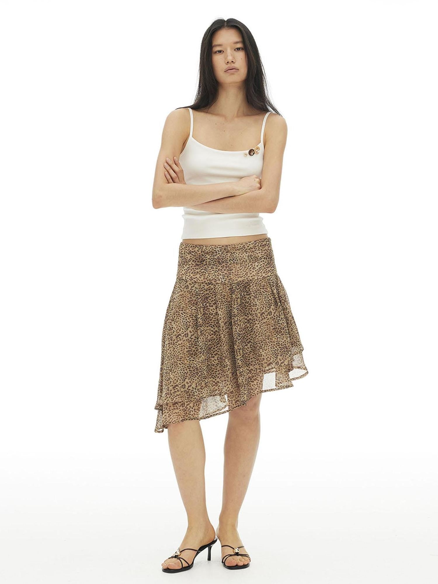 AFTADAWN Leopard Print Asymmetric Double Layer A Line Women&