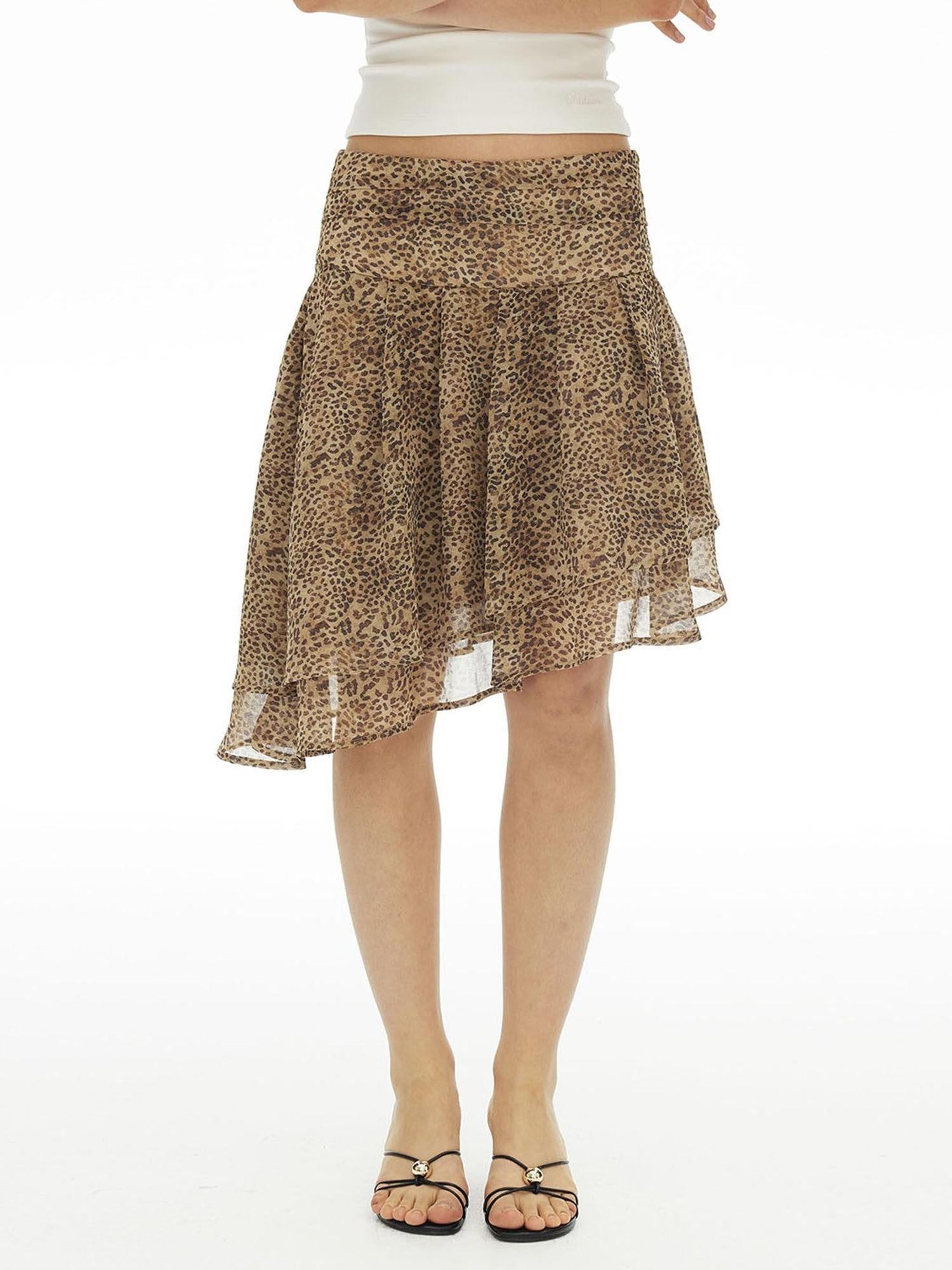 AFTADAWN Leopard Print Asymmetric Double Layer A Line Women&