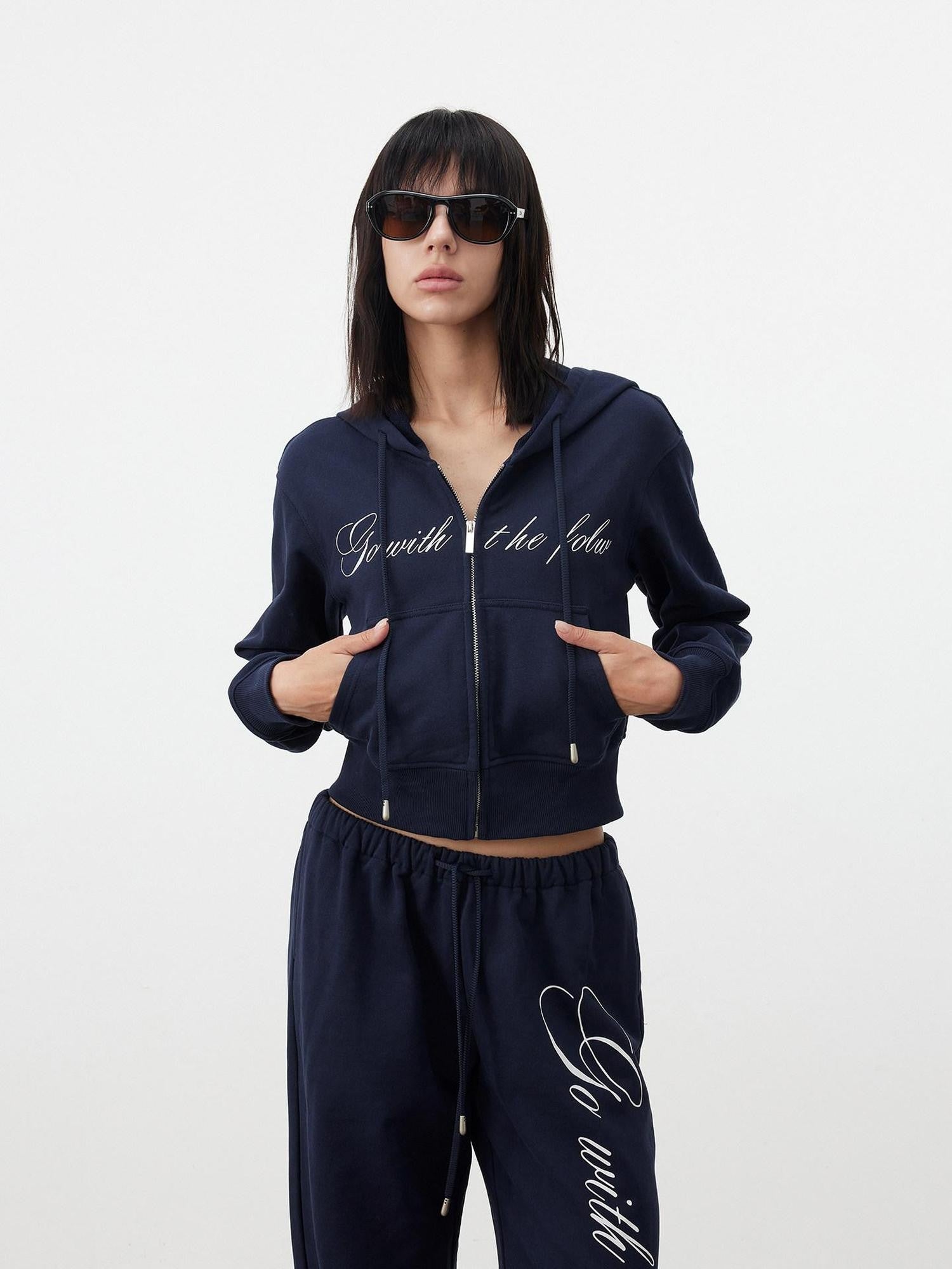 AFTADAWN Letter Embroidery Hooded Crop Loose Pants Women&
