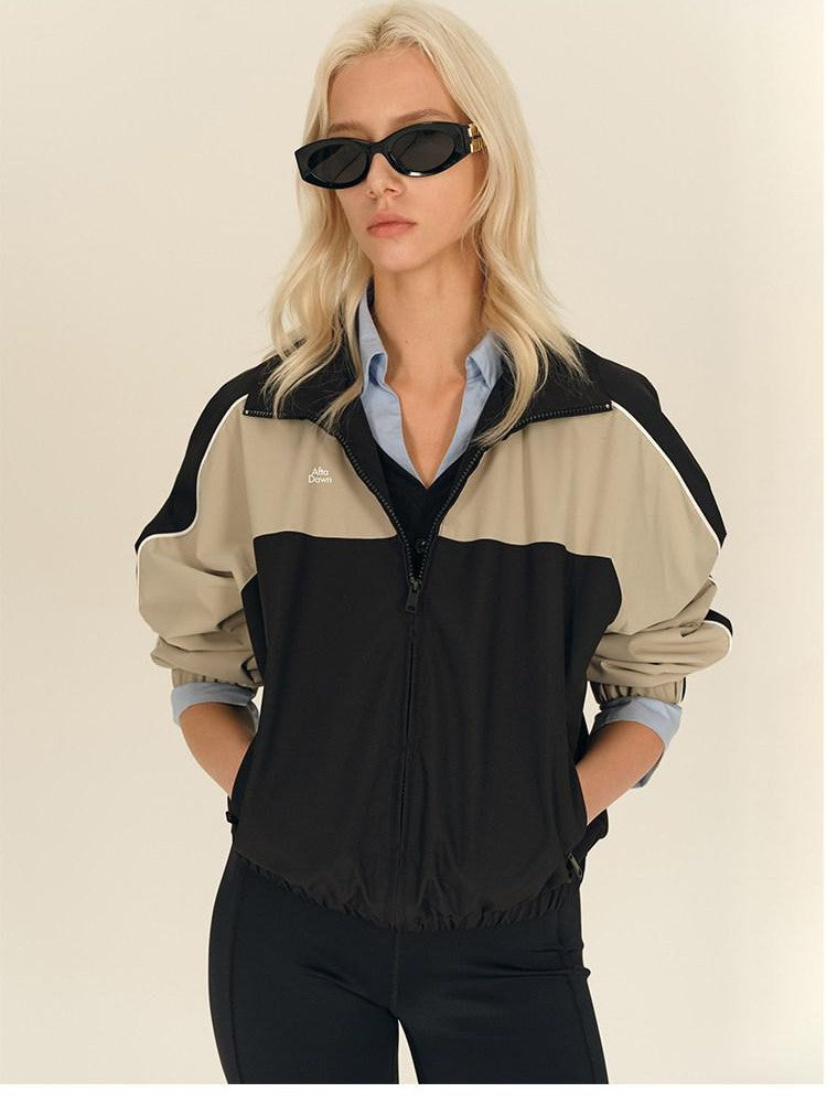 AFTADAWN Light Blue Colorblock Raglan Stand Collar Zipper Women&