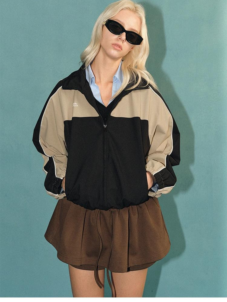 AFTADAWN Light Blue Colorblock Raglan Stand Collar Zipper Women&