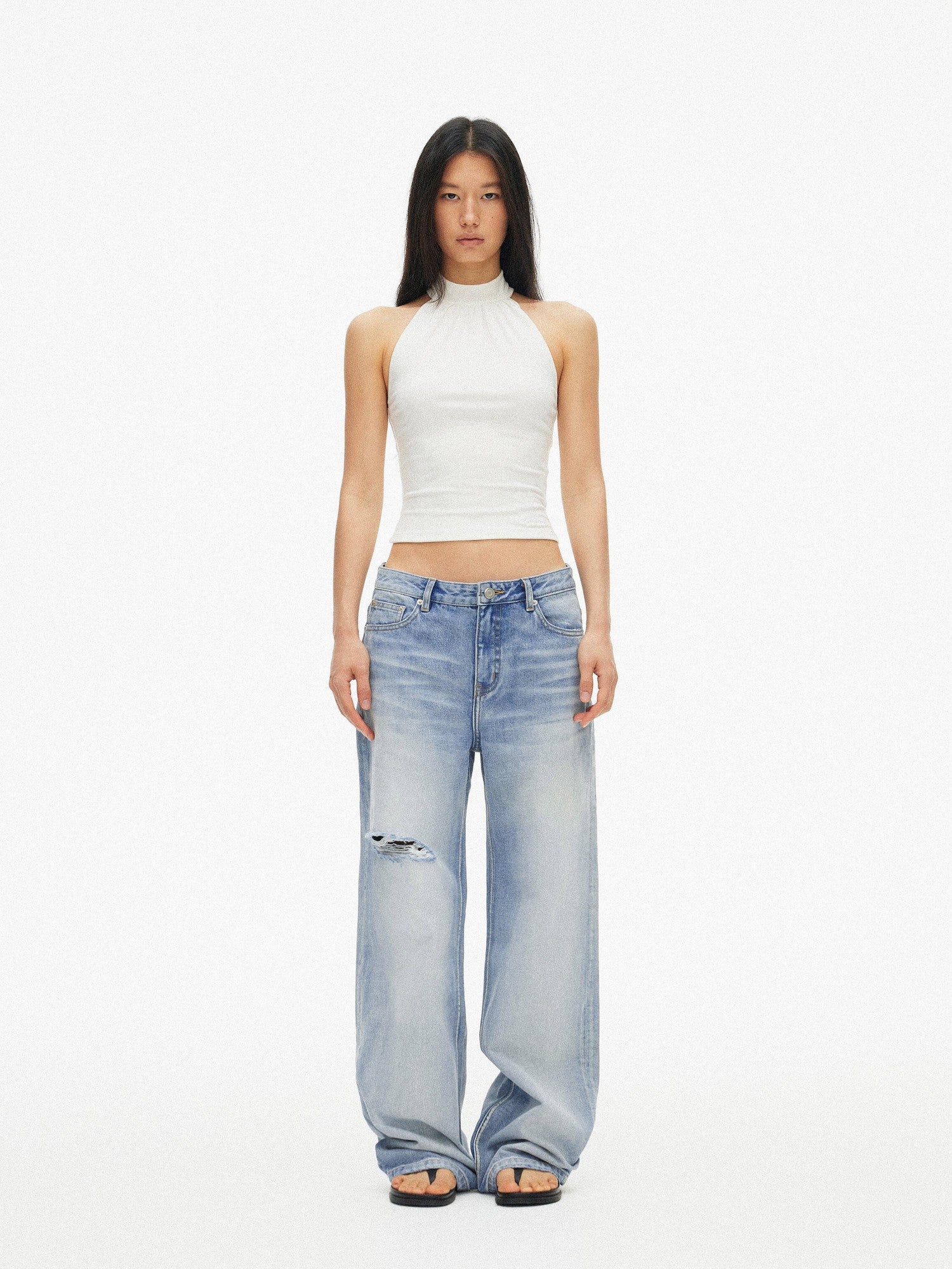 AFTADAWN Light Blue Gradient Washed Ripped Frayed Hem Women&