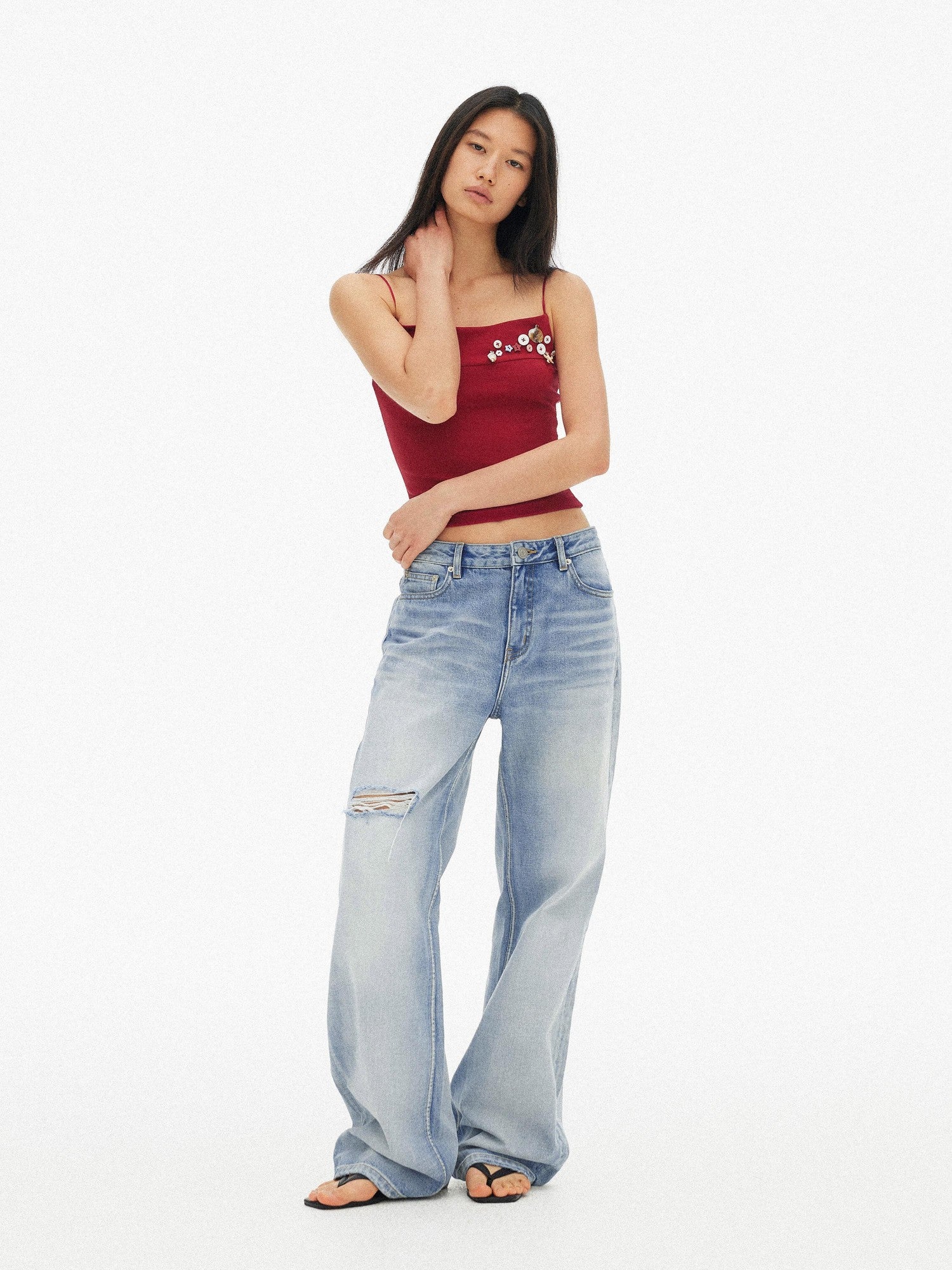 AFTADAWN Light Blue Gradient Washed Ripped Frayed Hem Women&
