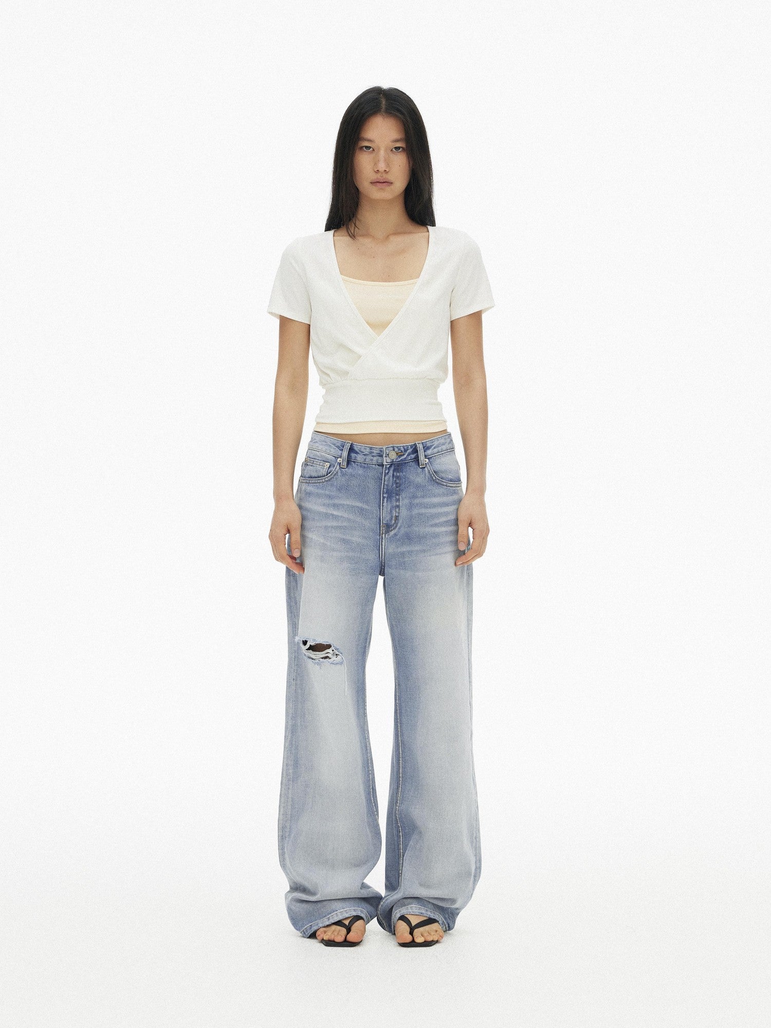 AFTADAWN Light Blue Gradient Washed Ripped Frayed Hem Women&