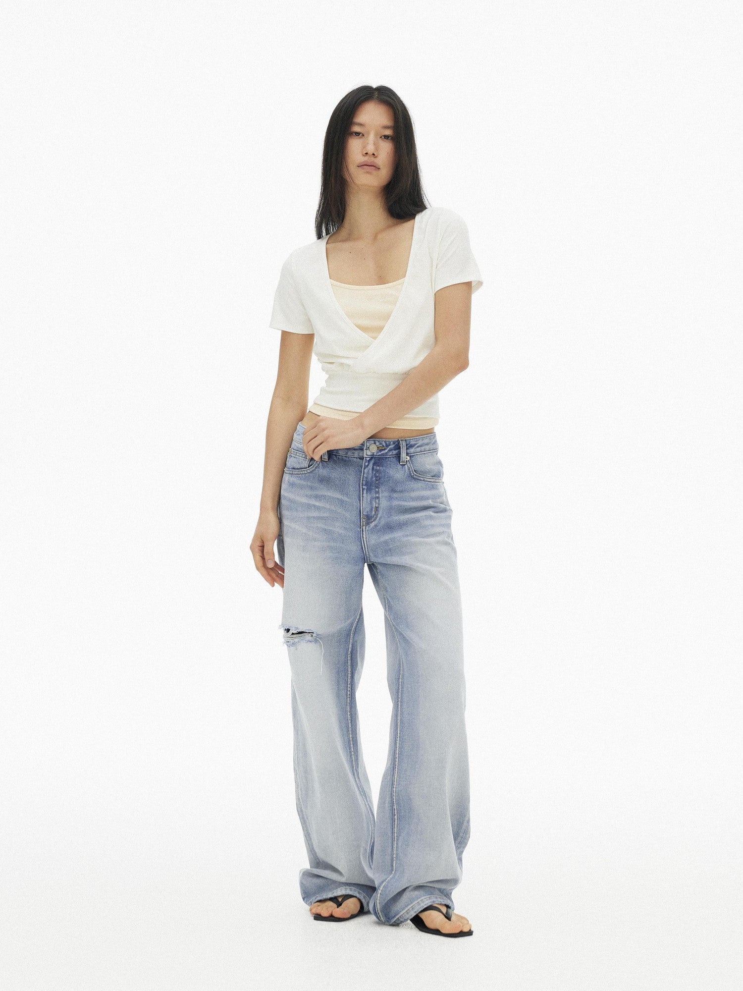 AFTADAWN Light Blue Gradient Washed Ripped Frayed Hem Women&