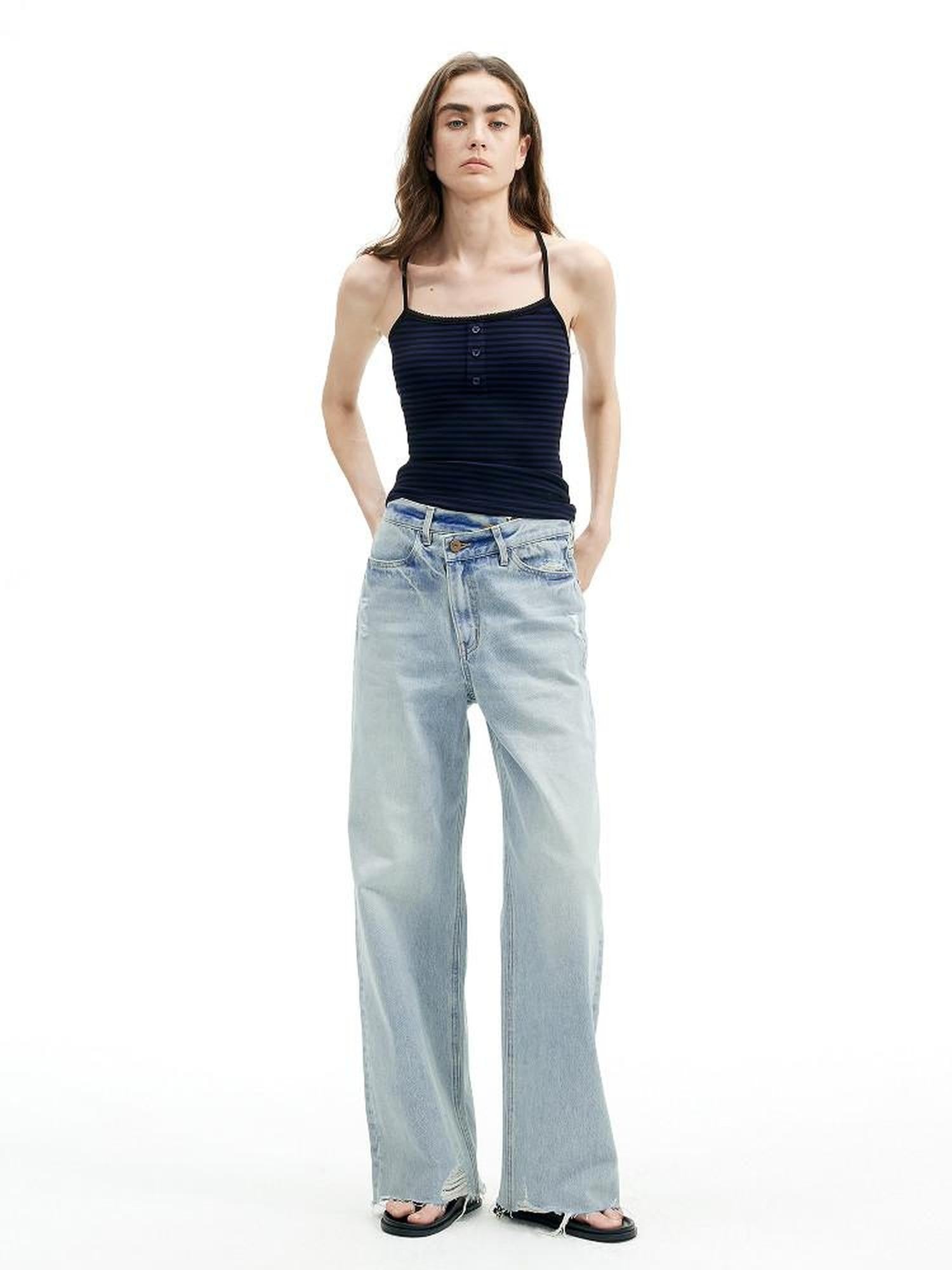 AFTADAWN Light Blue Ripped Slanted Zip Fly Women&