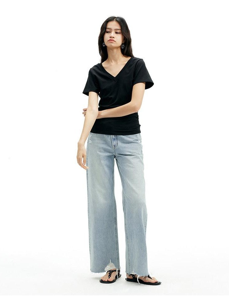 AFTADAWN Light Blue Ripped Slanted Zip Fly Women&