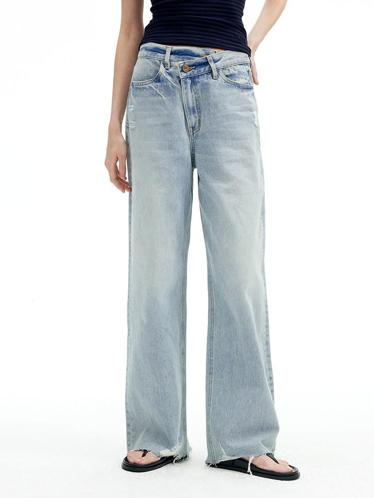 AFTADAWN Light Blue Ripped Slanted Zip Fly Women&