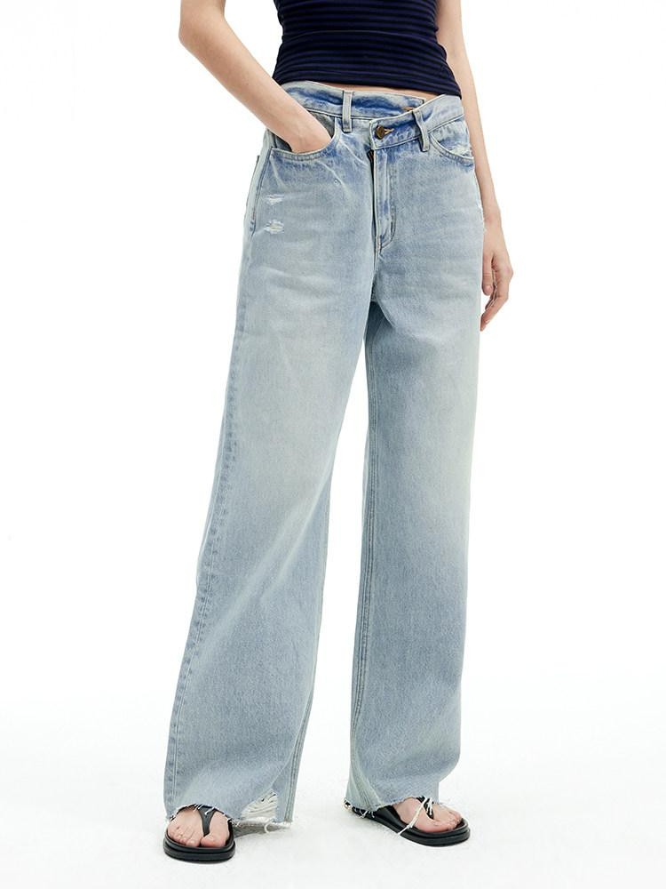 AFTADAWN Light Blue Ripped Slanted Zip Fly Women&