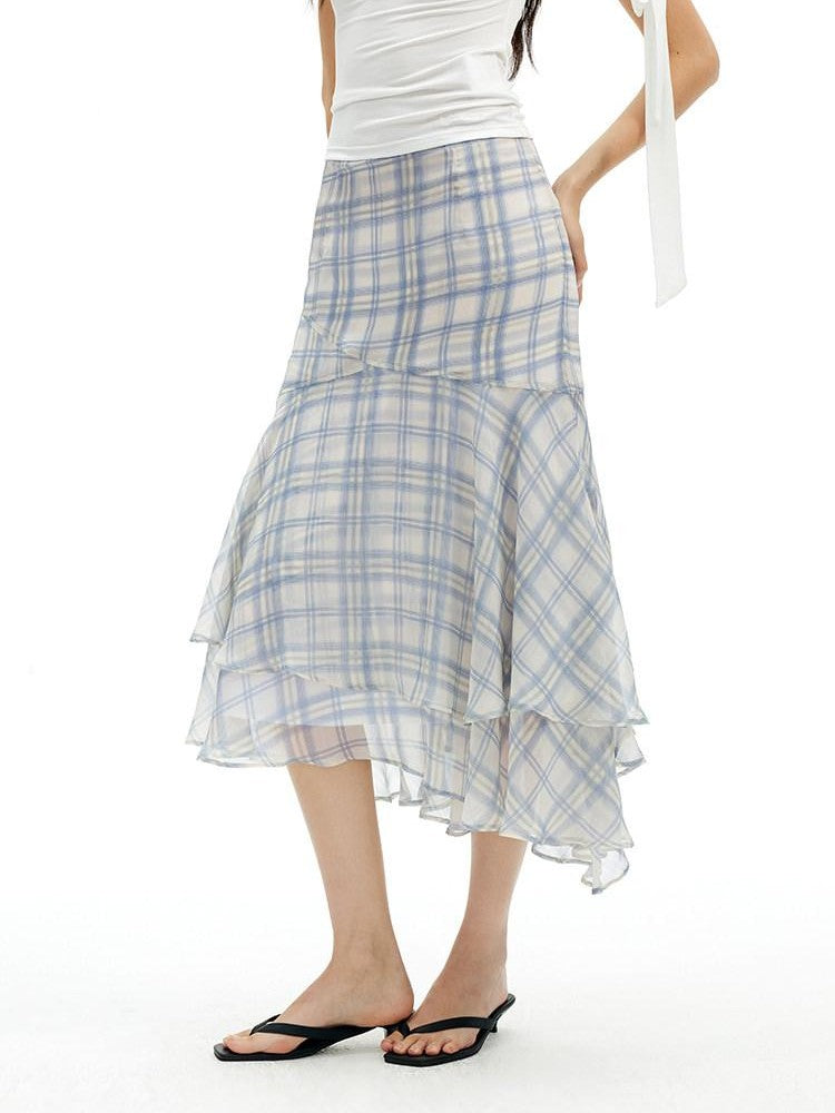 AFTADAWN Light Blue Ruffled Spliced Mesh Mermaid Women&