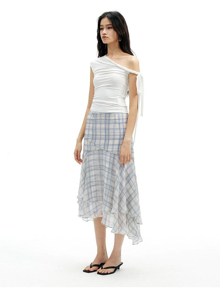 AFTADAWN Light Blue Ruffled Spliced Mesh Mermaid Women&