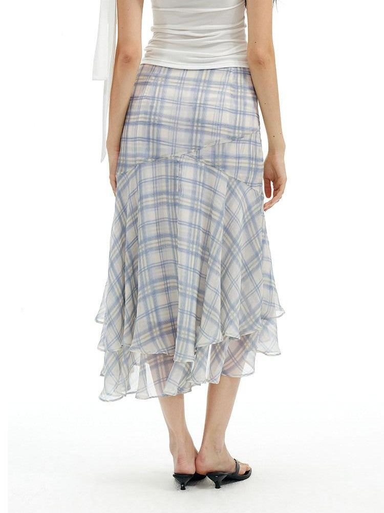 AFTADAWN Light Blue Ruffled Spliced Mesh Mermaid Women&
