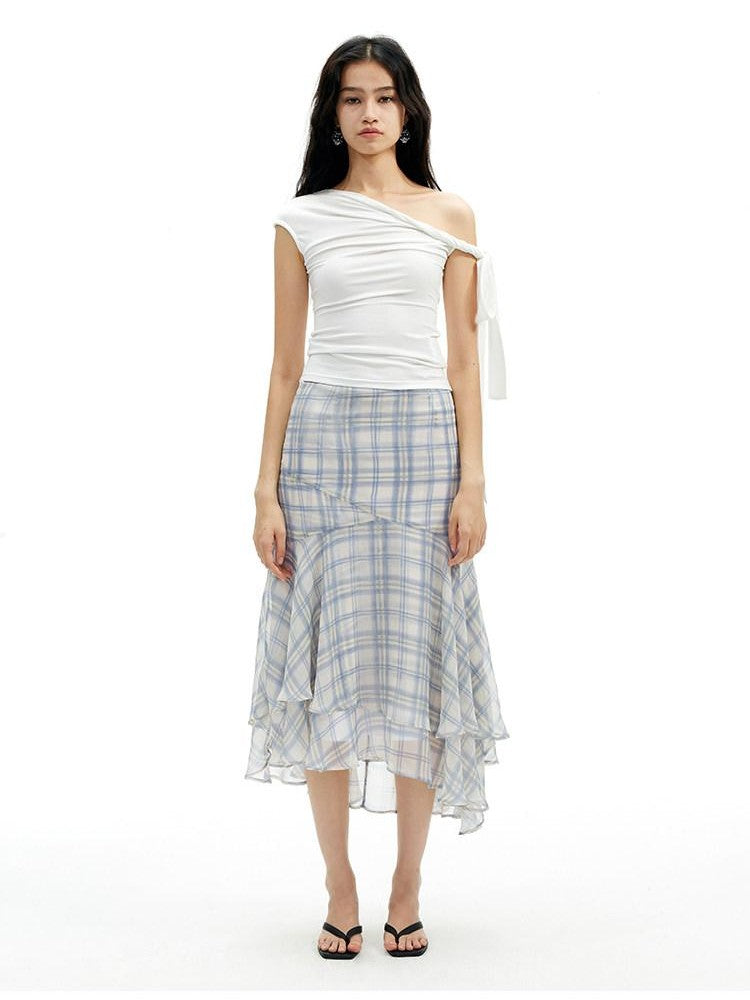 AFTADAWN Light Blue Ruffled Spliced Mesh Mermaid Women&