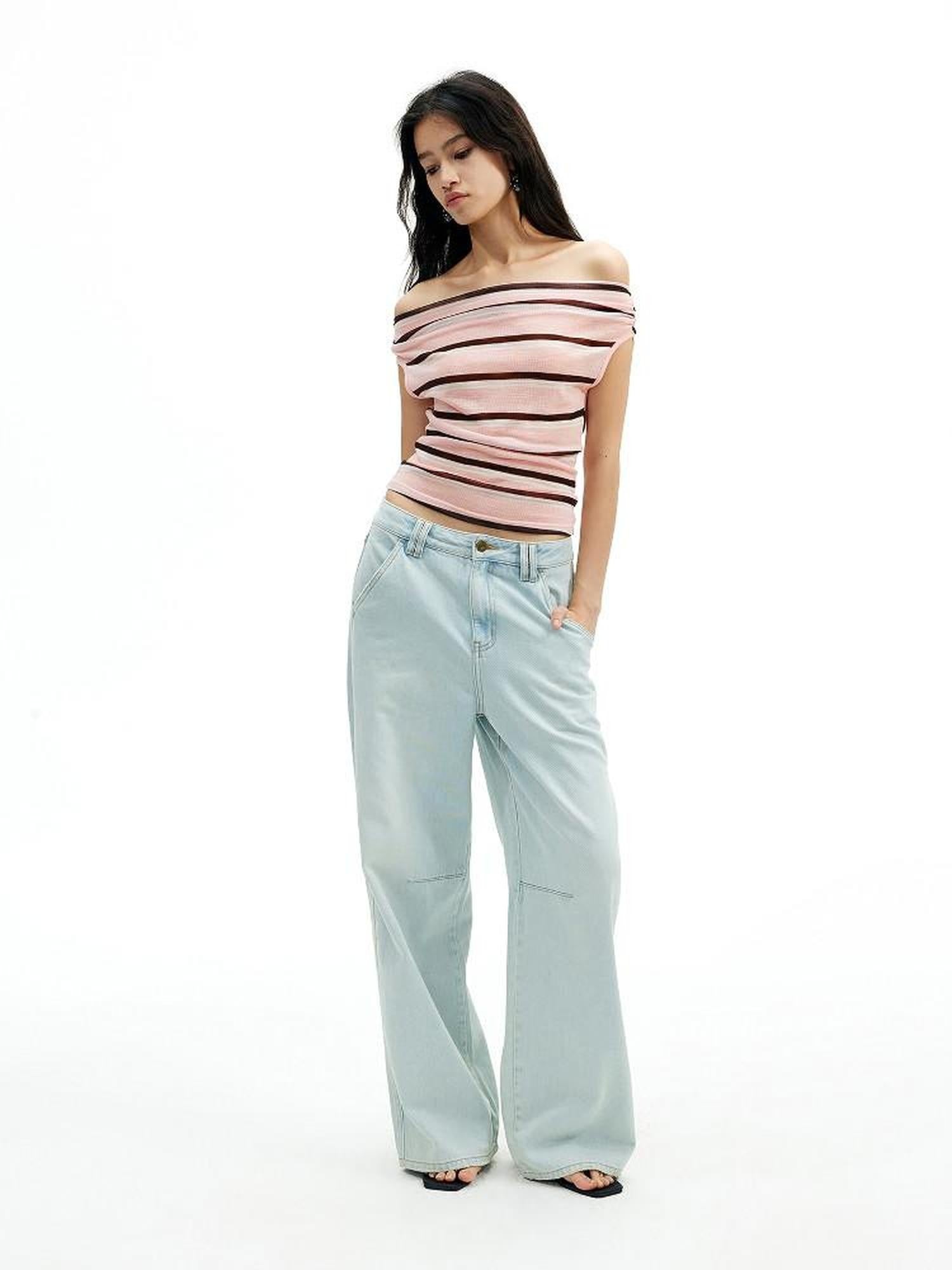 AFTADAWN Light Blue Washed Pleated Relaxed High Waist Women&