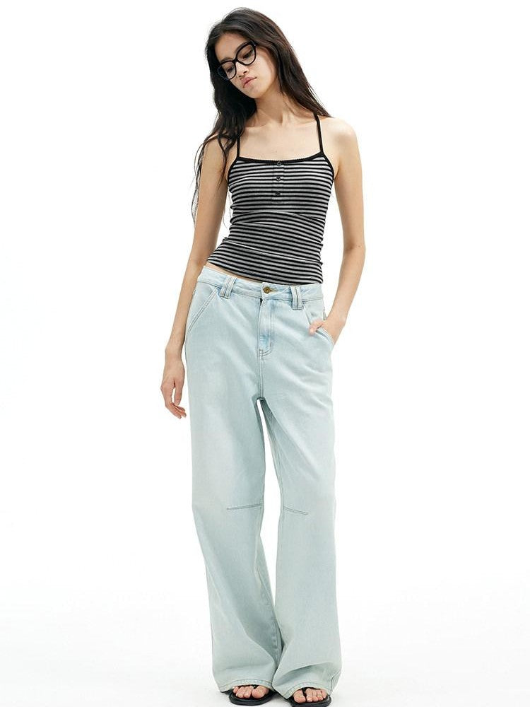AFTADAWN Light Blue Washed Pleated Relaxed High Waist Women&