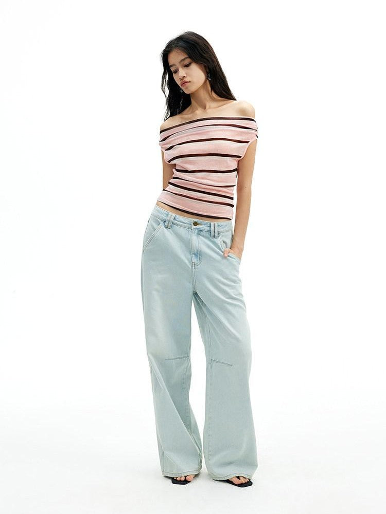 AFTADAWN Light Blue Washed Pleated Relaxed High Waist Women&
