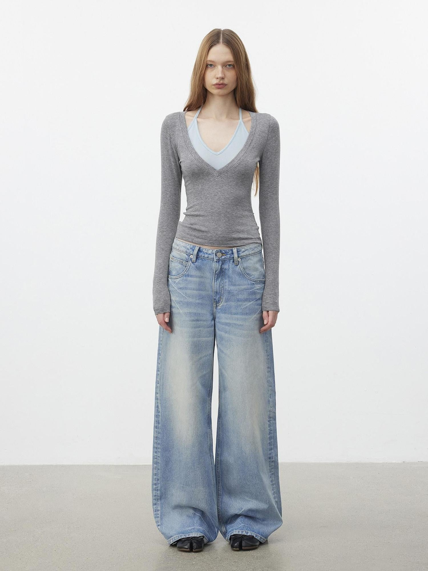 AFTADAWN Light Blue Waterwash Whisker Distressed Women&