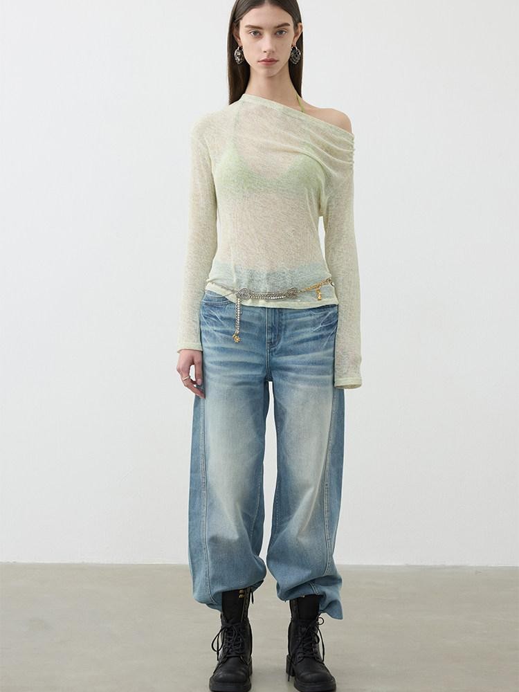 AFTADAWN Light Wash 3d Whisker Low Rise Relaxed Women&