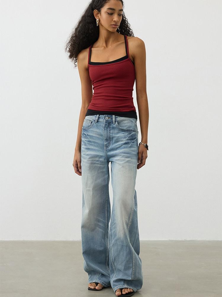 AFTADAWN Light Wash 3d Whisker Low Rise Relaxed Women&