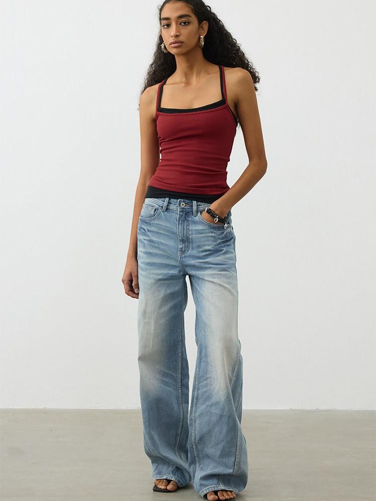 AFTADAWN Light Wash 3d Whisker Low Rise Relaxed Women&