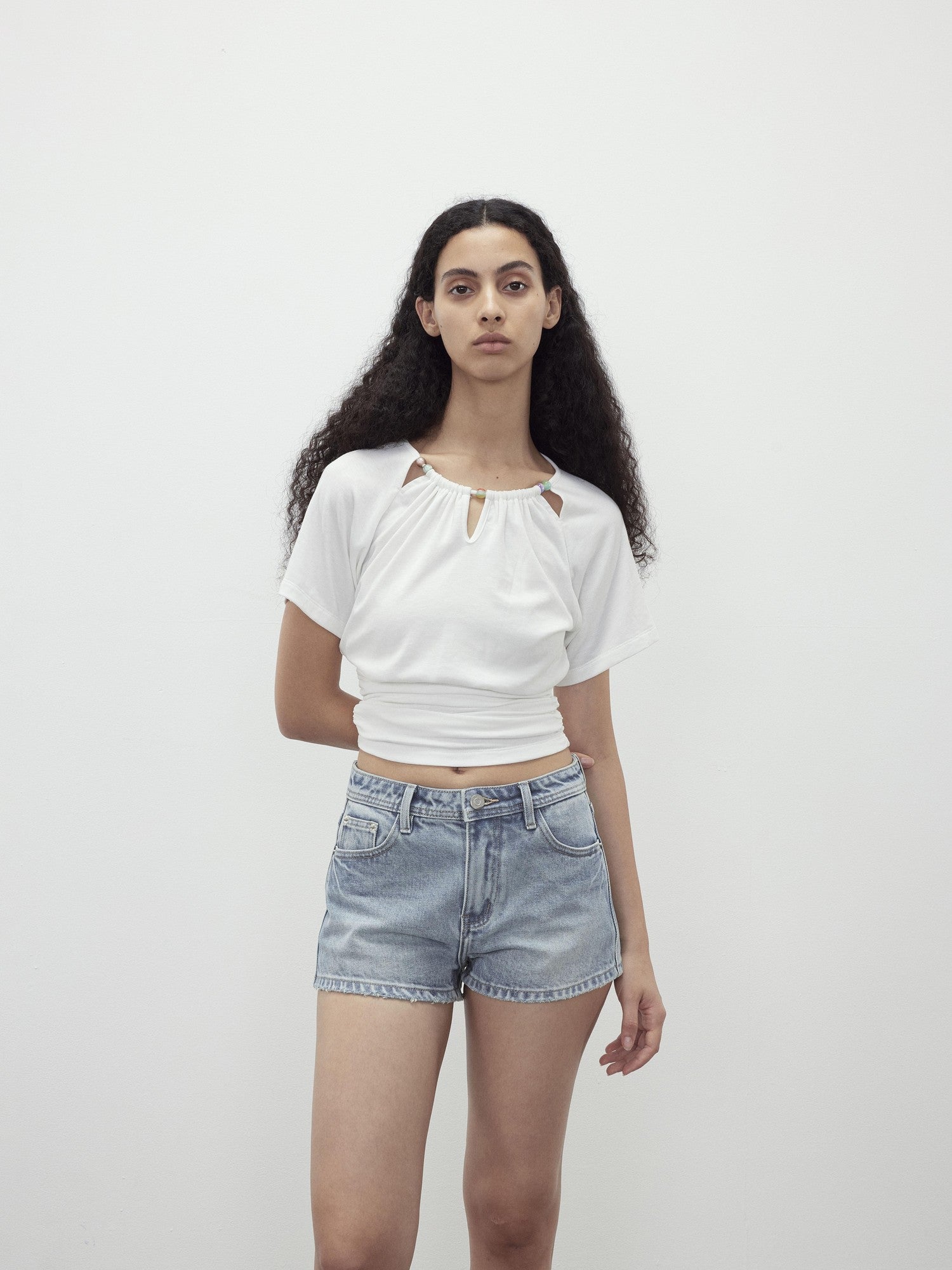 AFTADAWN Light Wash Distressed Raw Hem Low Waist Micro A Line Women&